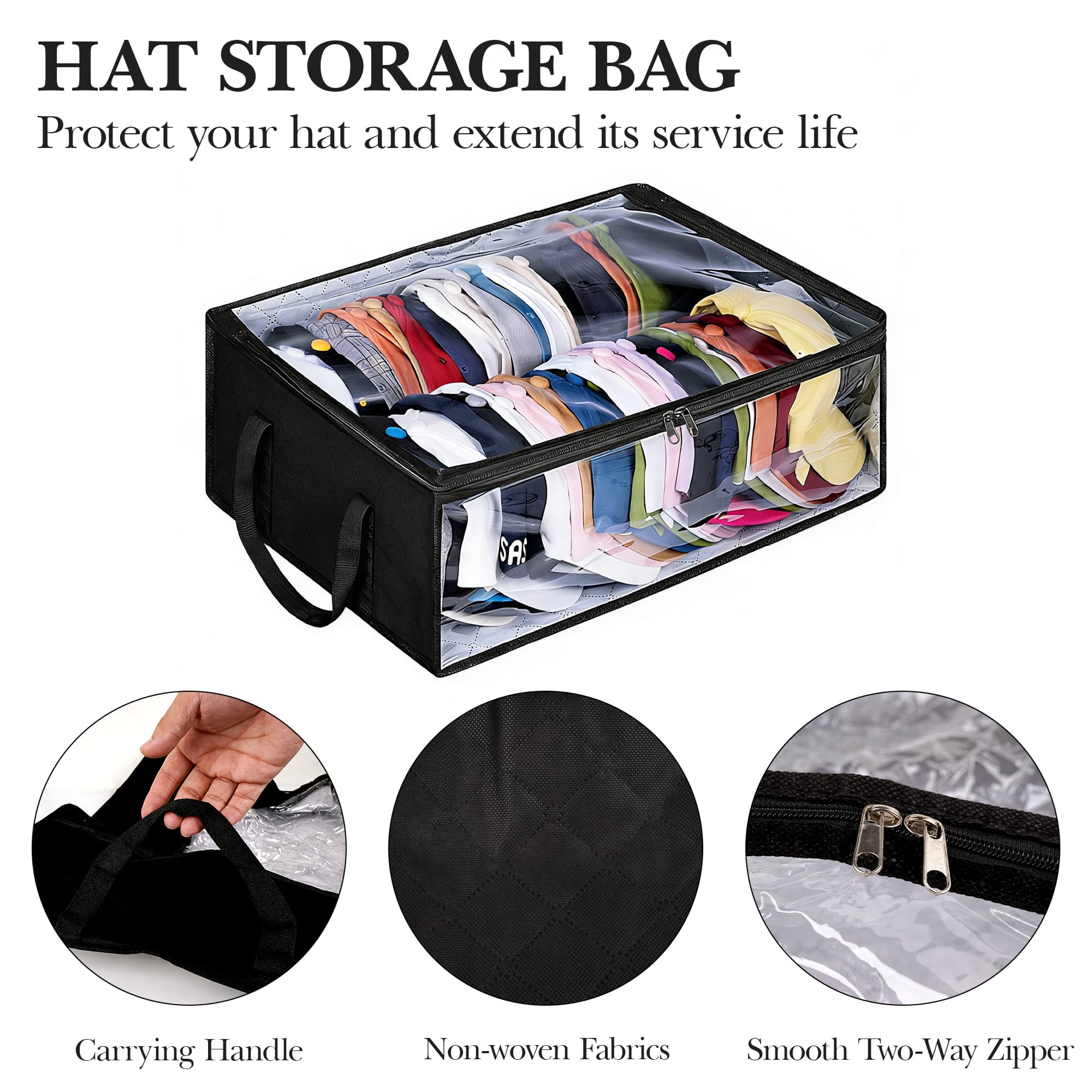 ReignSword Hat Organizer for Baseball Caps, Non-Woven Wide Hat Storage Box with Handle, Large Hat Racks Holder for Bedroom Closet (Black) - 1