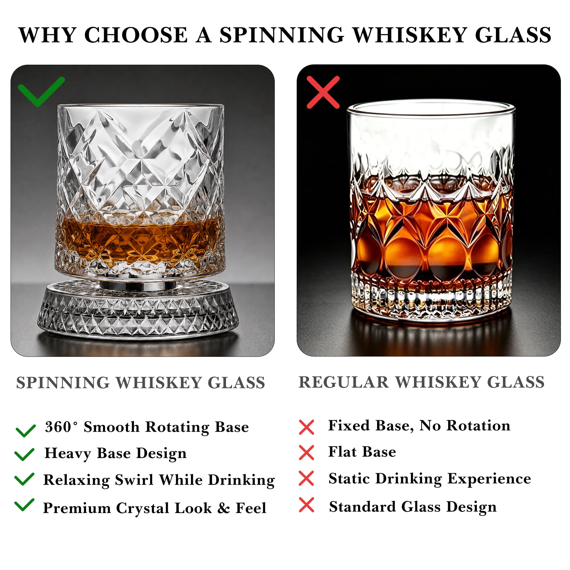 ReignSword Rotating Crystal Whiskey Glass Set, 9oz Spinning Old Fashioned Tumbler with Engraved Design, Stress Relief Cocktail Cup for Men Home Bar (Gemstone) - 3