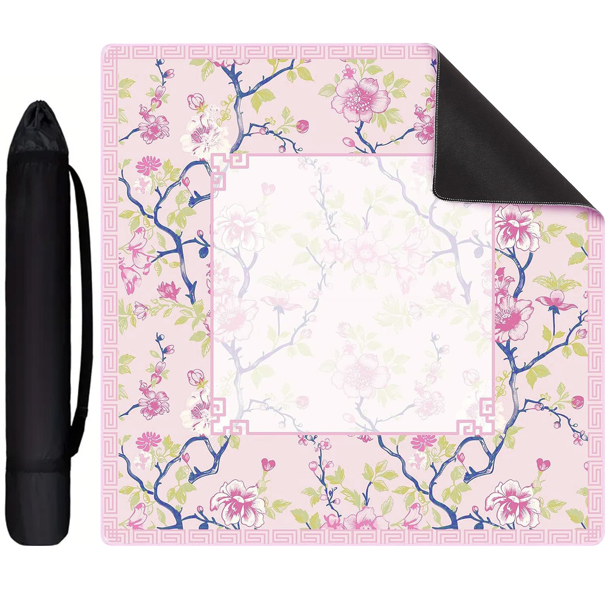 ReignSword Chinoiserie Flower Mahjong Mat with Carrying Bag, Anti-Slip and Noise-Reducing Mat for Table, Functional Gifts for Card Games, and Board Tile Games ( 31.5" x 31.5", Pink) - 2