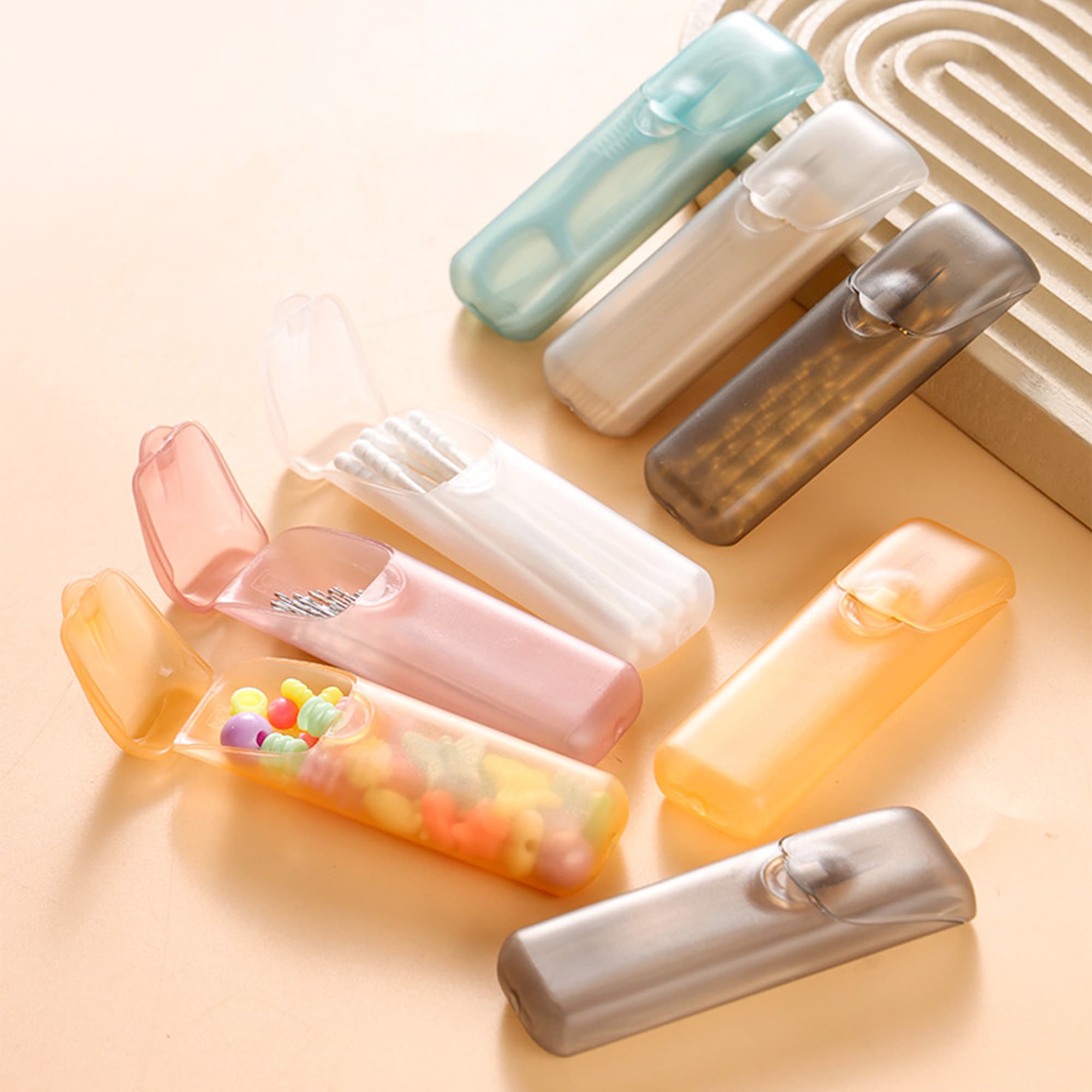 ReignSword 6 Pack Travel Cotton Swab Holder, Portable Qtip Storage Case with Dustproof Lid, Small Clear Plastic Container for Dental Floss & Hair Ties - 5