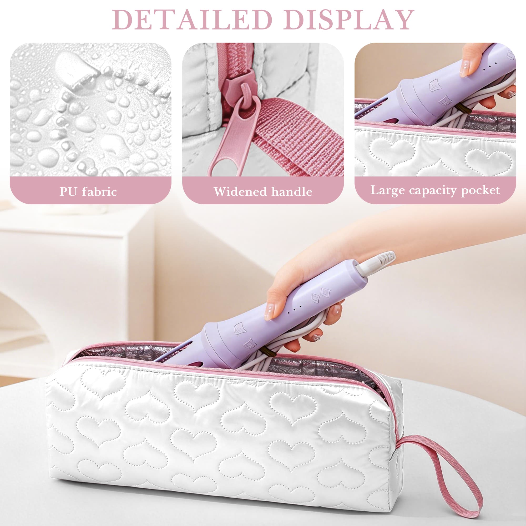 ReignSword Heat Resistant Hair Tools Travel Bag, Portable Storage Case Pouch with Heart Pattern for Curling Irons, Flat Irons, Hair Straighteners and Accessories (White) - 4