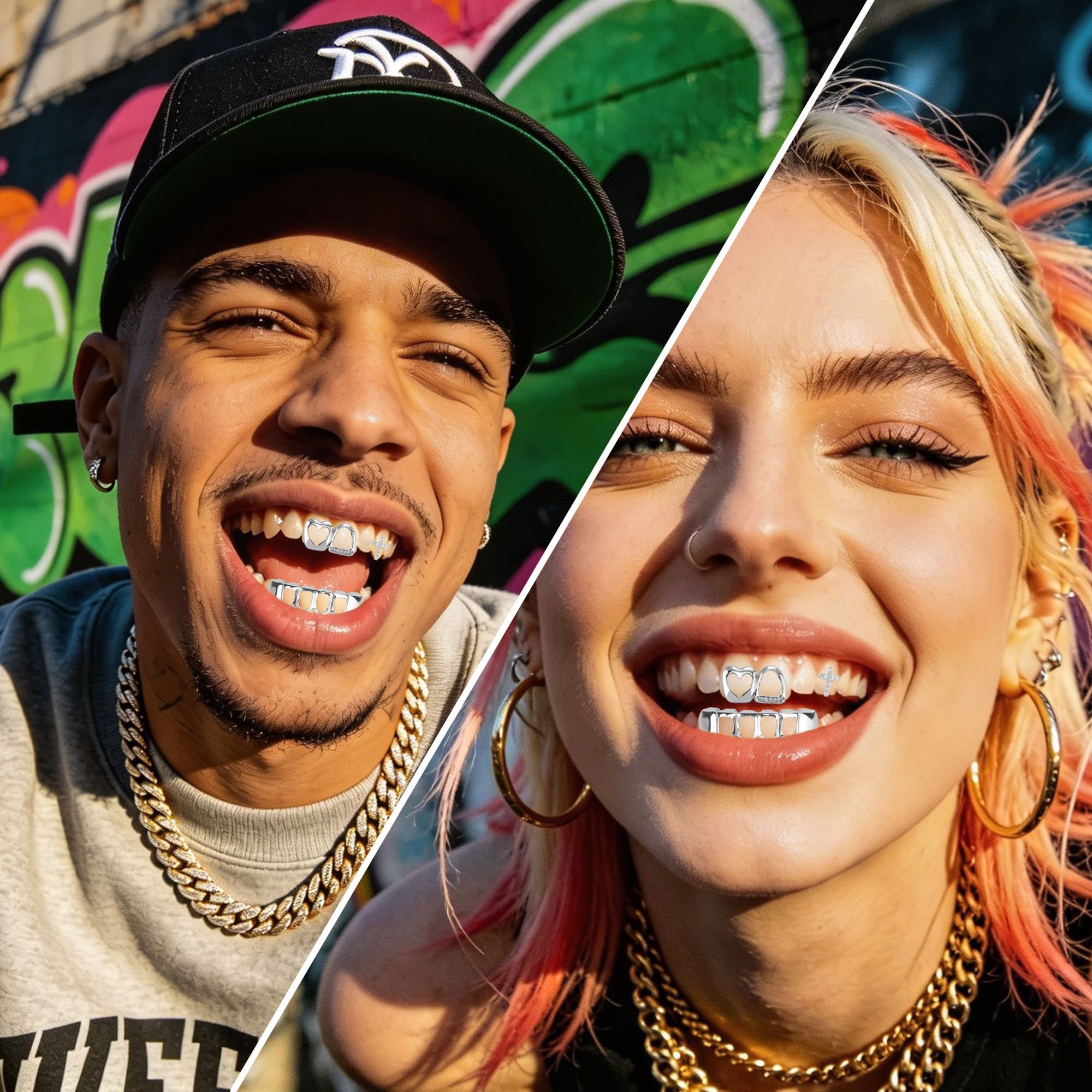 ReignSword 3 Pcs Silver Teeth Grillz Set for Women Men, Heart Cross Star & Plain Hollow CZ Grill Caps, Adjustable Custom Fit, Hip Hop Jewelry for Parties, Halloween & Daily Wear - 5