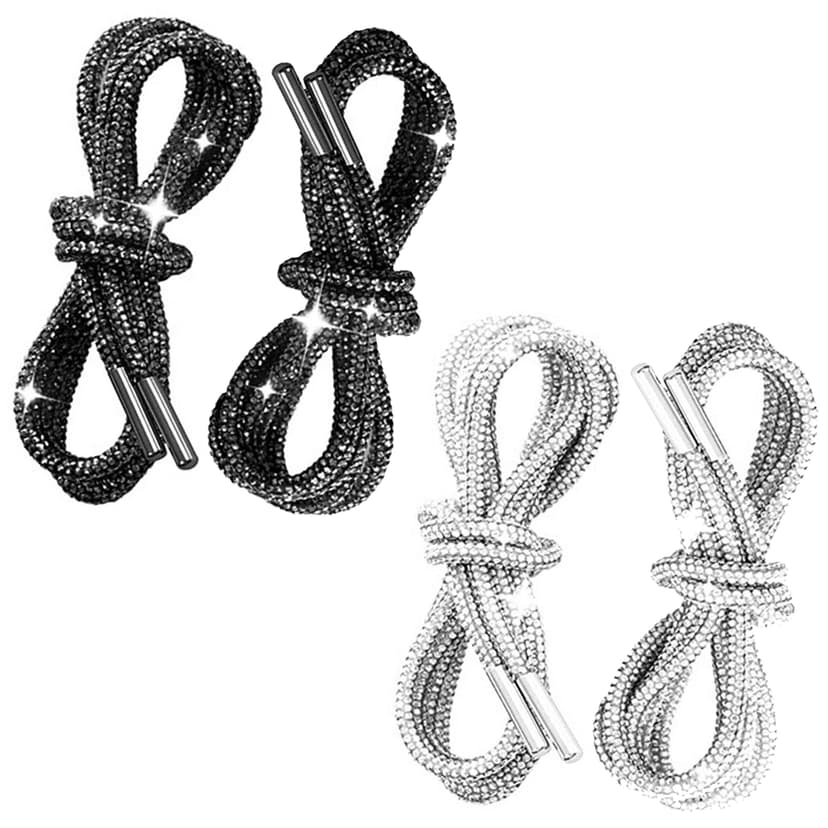 ReignSword 4Pcs Rhinestone Shoe Laces, 47in Round Crystal Glitter Rope, Bling Replacement ShoeLaces for Sneakers/Boots/Sweatpants (White, Black)
