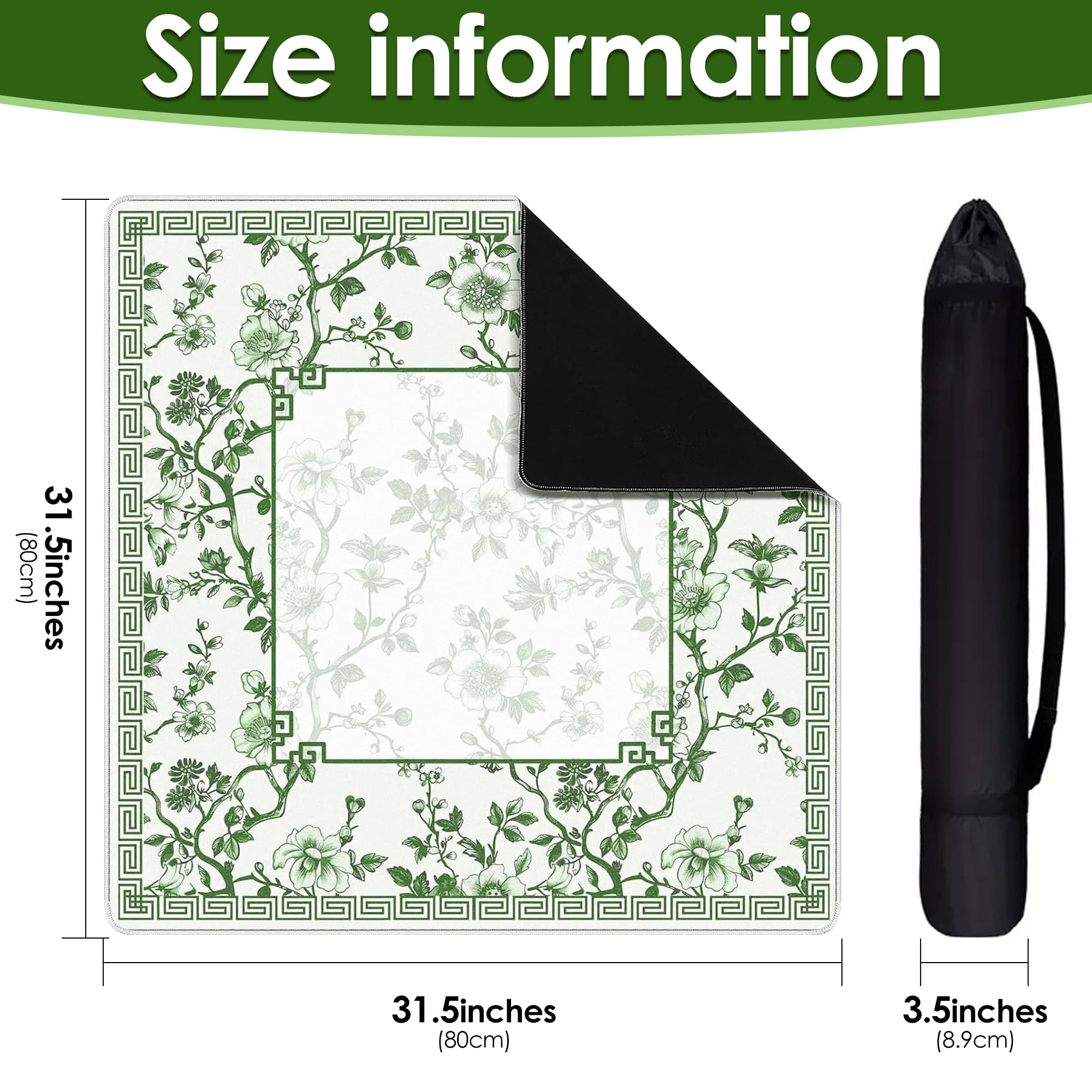 ReignSword Chinoiserie Flower Mahjong Mat with Carrying Bag, Anti-Slip and Noise-Reducing Mat for Table, Functional Gifts for Card Games, and Board Tile Games ( 31.5" x 31.5", Green) - 4