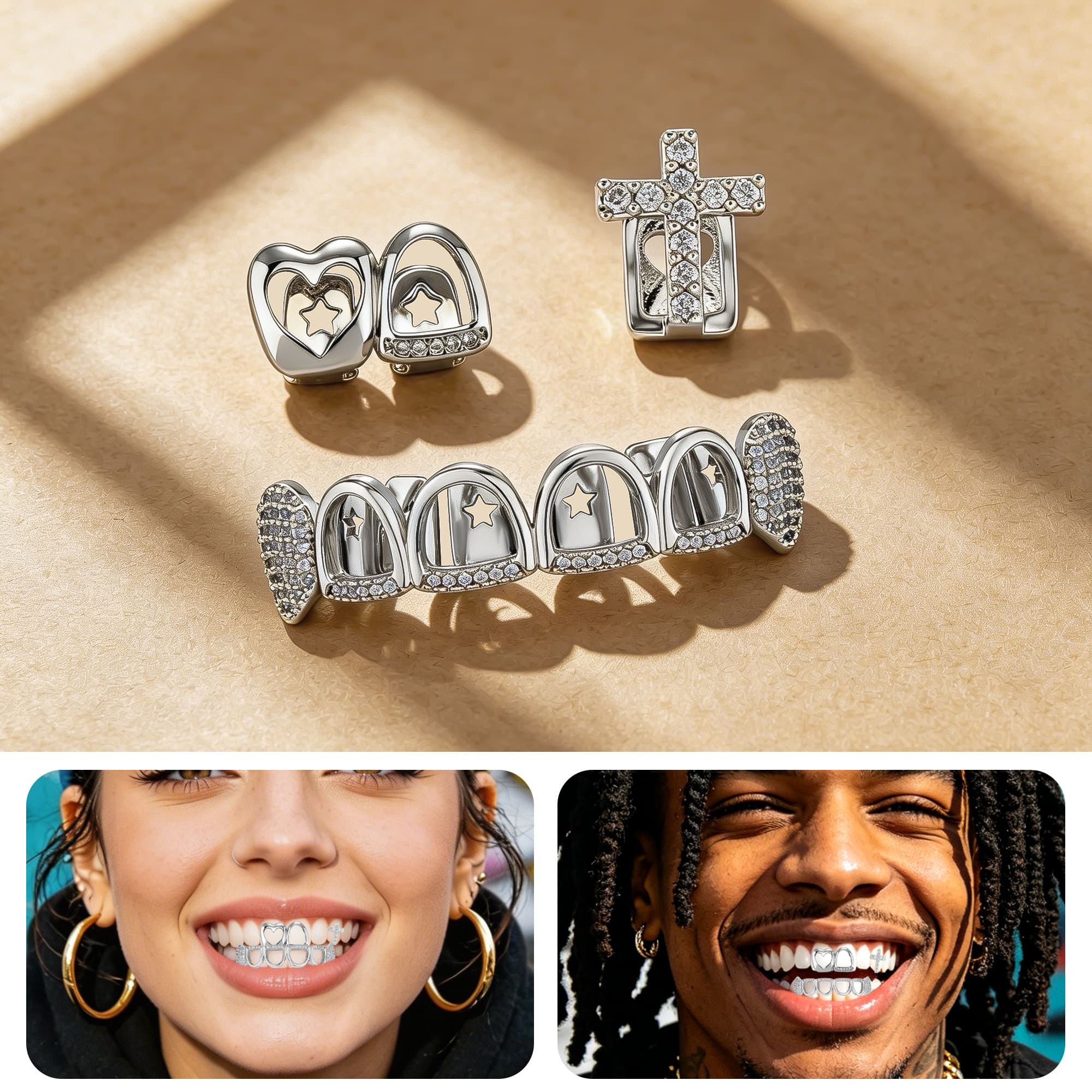 ReignSword 3 Pcs Silver Teeth Grillz Set for Women Men, Heart Cross Star Hollow CZ Grill Caps, Hip Hop Fashion Jewelry for Halloween, Parties & Daily Wear - 3