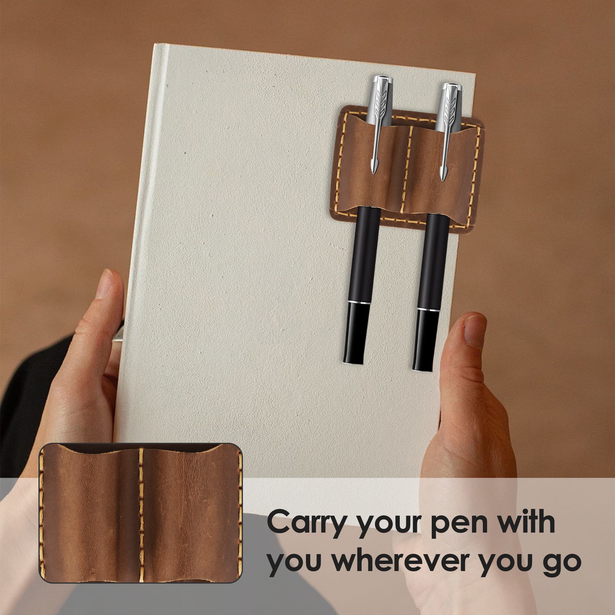 ReignSword Leather Pen Holder for Notebook, Double Slot Pen Holder for Journal Notebook Clipboard, Pencil Holder with Elastic Loop for Pens, Pencil, Stylus Pen (Brown) - 4