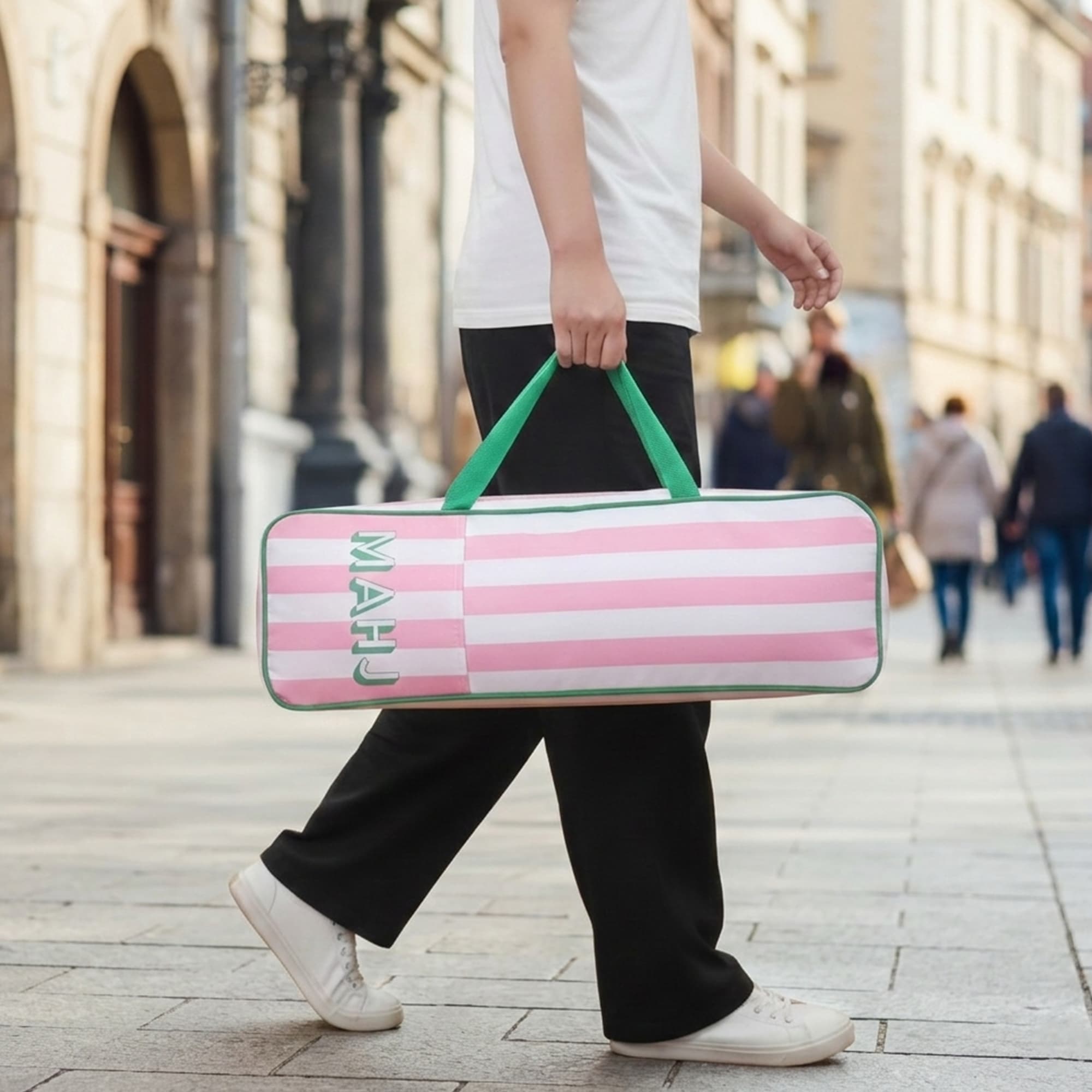 ReignSword Mahjong Rack Bags, Waterproof Carrying Tote Bag with Handle & Zipper for Tiles Pushers Racks, Mah Jong Games Accessories Gifts for Women (Pink Stripes, 21 x 6.5 Inch, Only Case) - 4