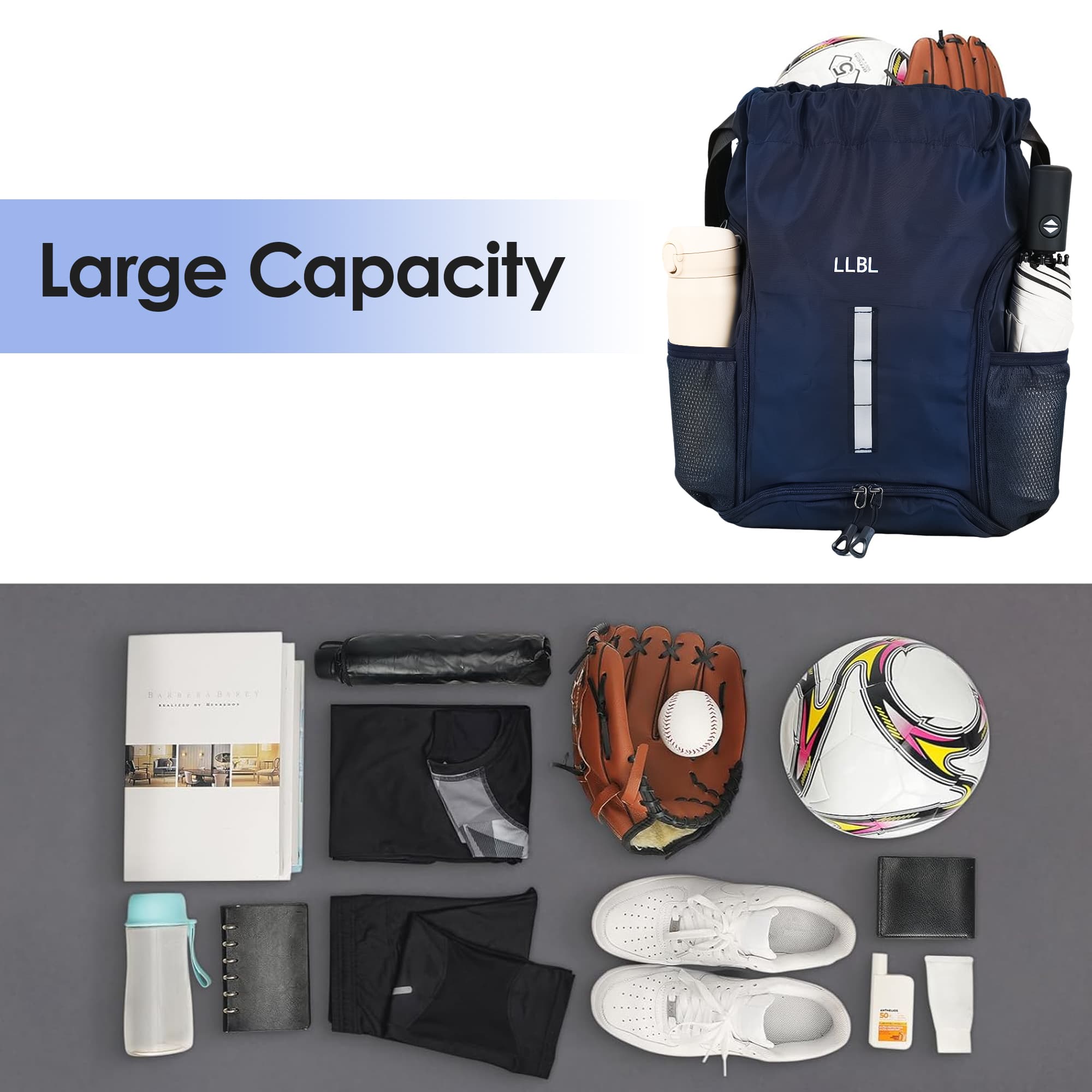 ReignSword Drawstring Gym Backpack with Shoe Compartment, Large Sports Cinch Bag Fits Basketball & Shoes, Waterproof Oxford Sack with Reflective Strip for Gym, Travel, Swimming (Dark Blue) - 7