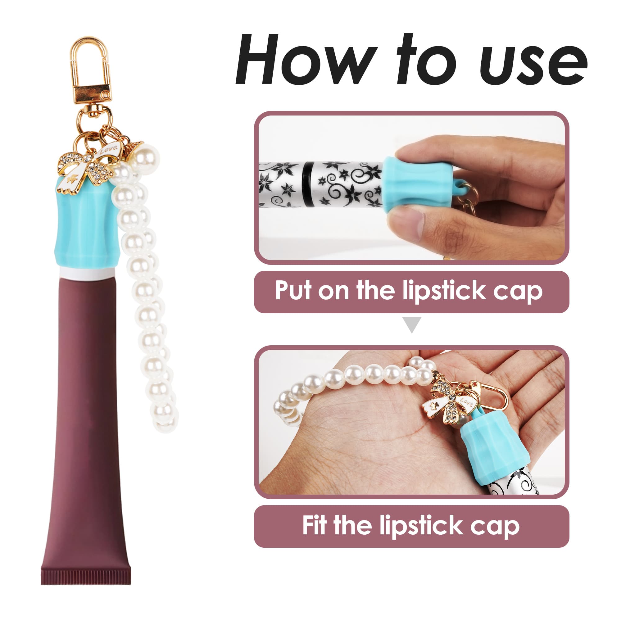 ReignSword Bow Pearl Keychain Cap Compatible with Summer Fridays Lip Balm 0.5oz, LANGIGE 0.35oz, 4 Pack Lip Gloss Holder Keychain, Portable Silicone Lip Balm Replacement Cap - 1