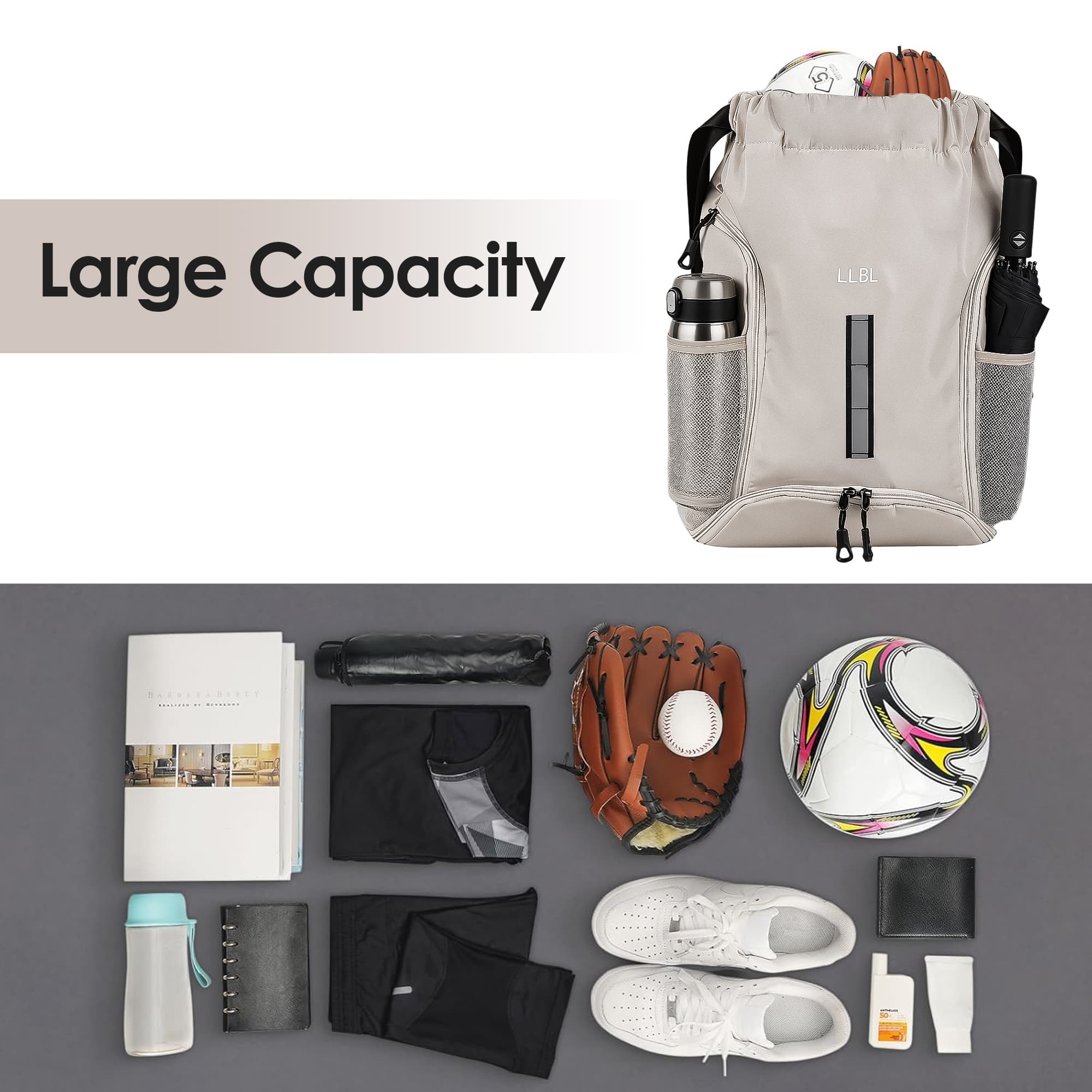 ReignSword Drawstring Gym Backpack with Shoe Compartment, Large Sports Cinch Bag Fits Basketball & Shoes, Waterproof Oxford Sack with Reflective Strip for Gym, Travel, Swimming (Off White) - 7