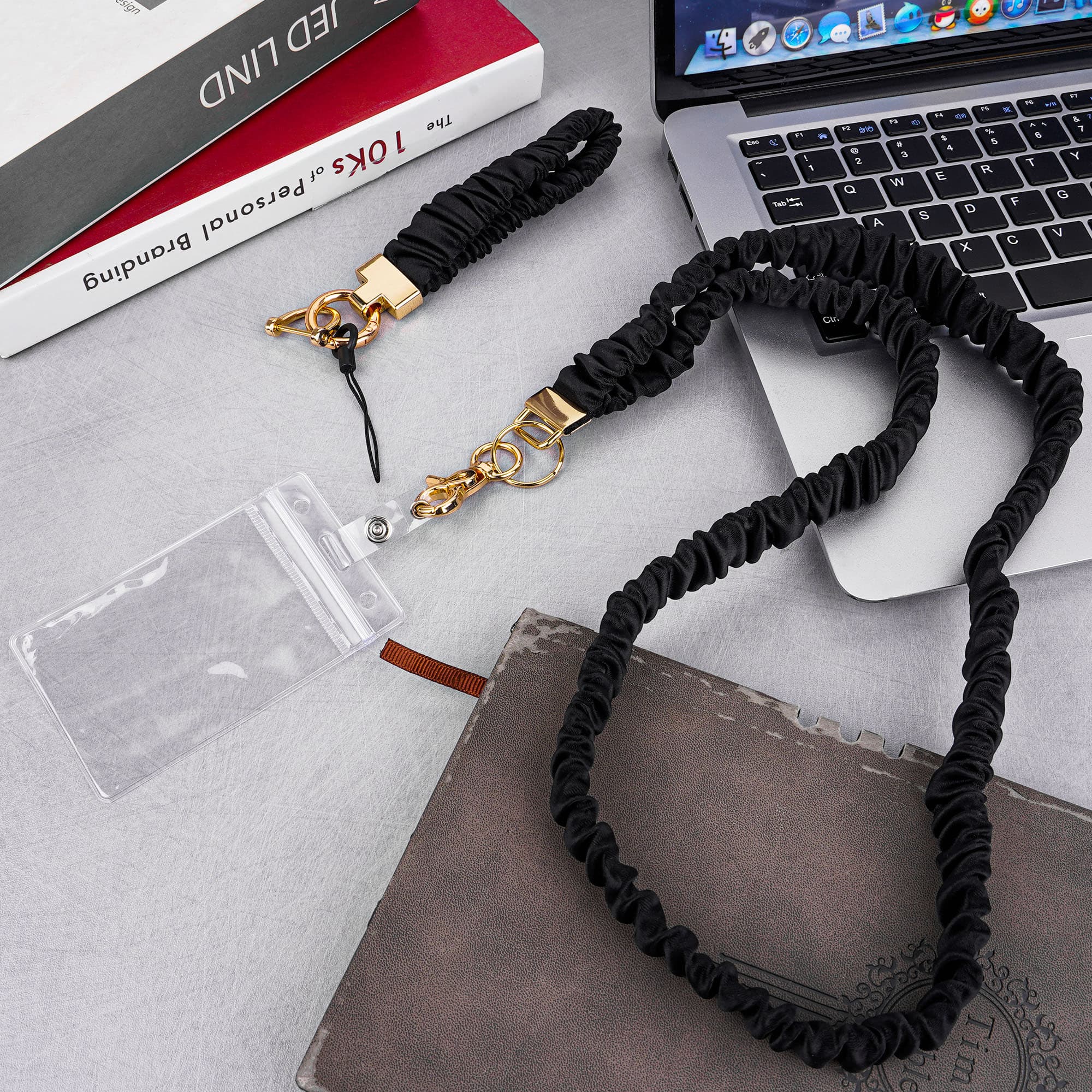 ReignSword Scrunchie Lanyard Keychain Wristlet Set, Stretchy Wrist and Neck Lanyard for ID Badges, Soft Women Accessories for Office (Black) - 2