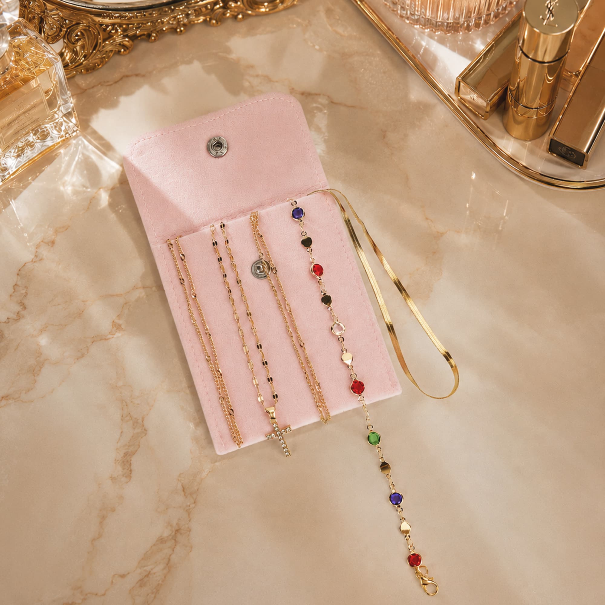 ReignSword Golden Zinc Alloy Cross Necklace, Y-Shaped Bohemian Layered Necklaces for Women, Adjustable Long Jewelry with Pink Velvet Storage Pouch - 6