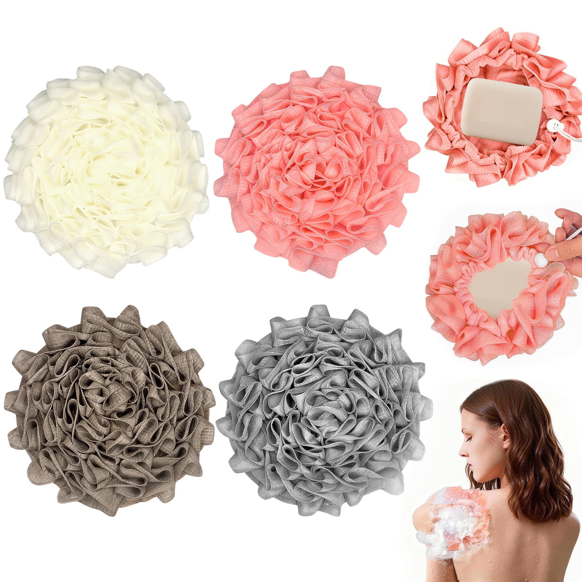 ReignSword 4 Pcs Bar Soap Loofah, 2 in 1 Drawstring Loofah Soap Holder, Exfoliation Mesh Shower Sponge for Bar Soap, Cleansing Smooth Skin (Round, 4 Color) - 2
