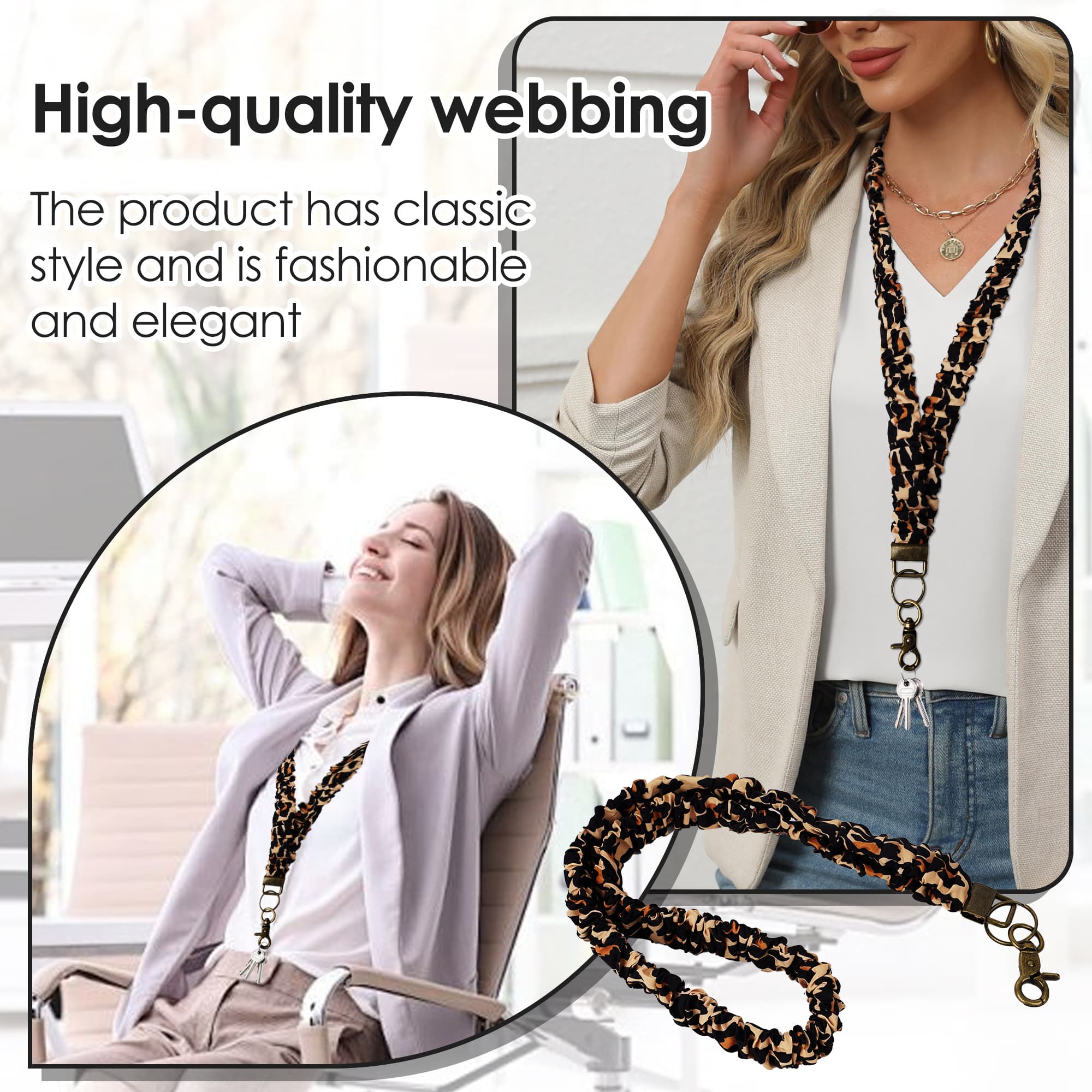 ReignSword 4 Pack Scrunchie Lanyards for ID Badges Keys, Stretchy Lanyard Neck Keychain with Clip, Cute Lanyard for Women (Leopard) - 3