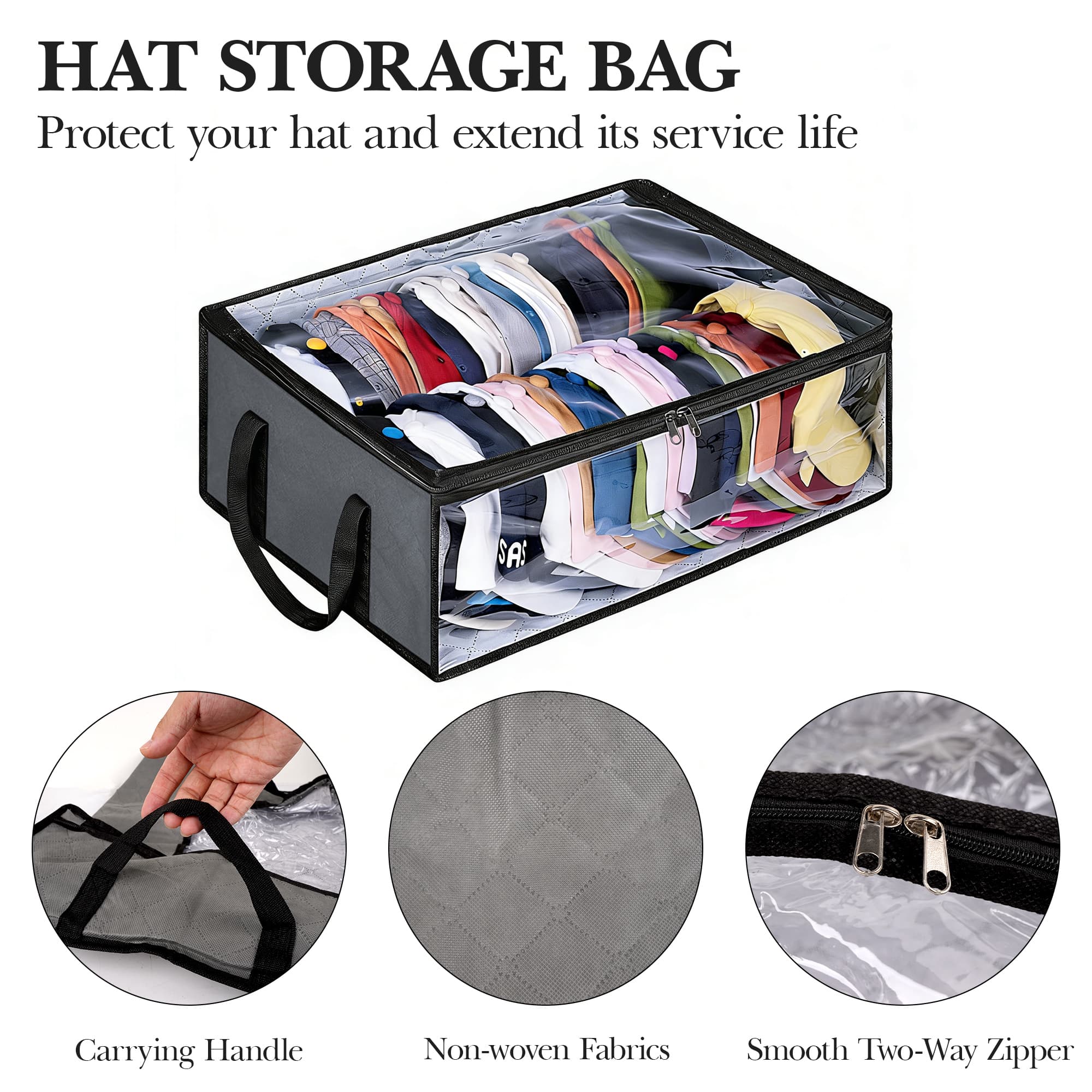ReignSword Hat Organizer for Baseball Caps, Non-Woven Wide Hat Storage Box with Handle, Large Hat Racks Holder for Bedroom Closet (Grey) - 1