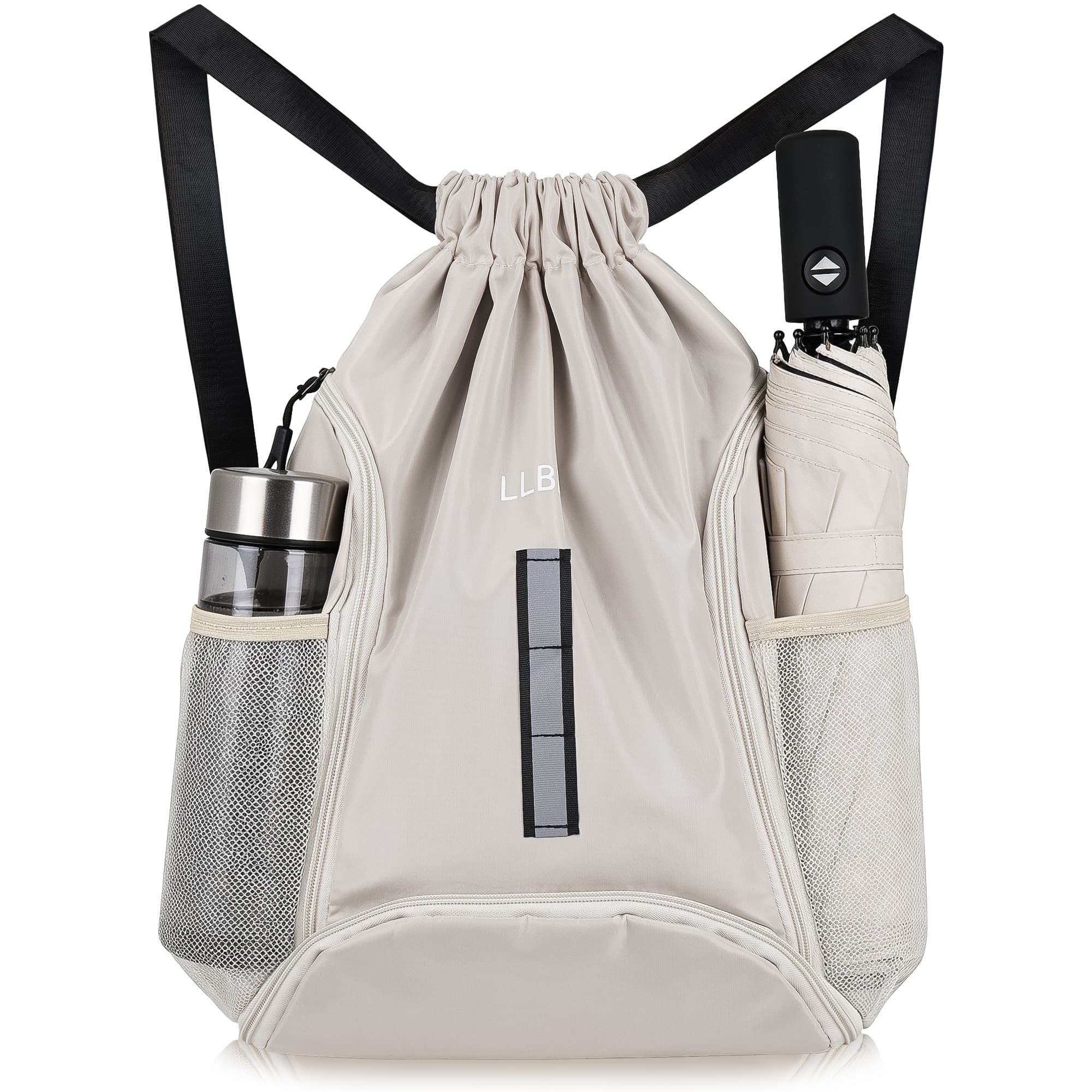 ReignSword Drawstring Gym Backpack with Shoe Compartment, Large Sports Cinch Bag Fits Basketball & Shoes, Waterproof Oxford Sack with Reflective Strip for Gym, Travel, Swimming (Off White) - 2