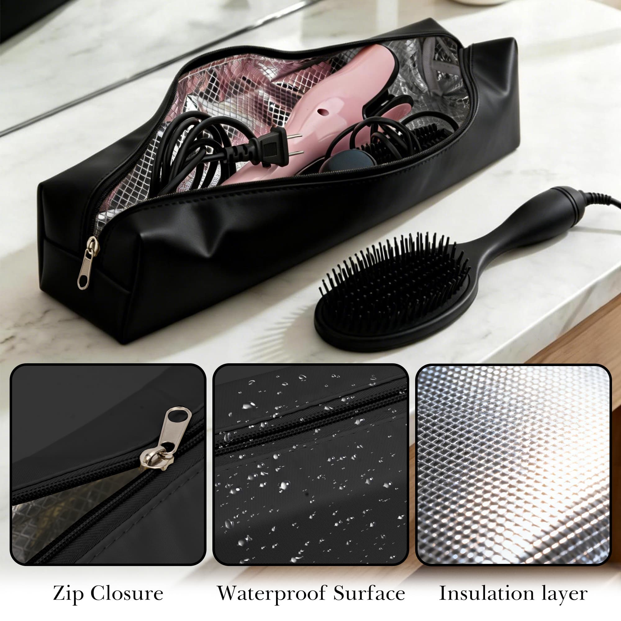 ReignSword Heat Resistant Hot Hair Tools Organizer Bag, Large Portable Travel Storage Case Pouch for Curling Irons, Flat Irons, Hair Straighteners, for Home Bathroom & Travel (Black, 17.9") - 4