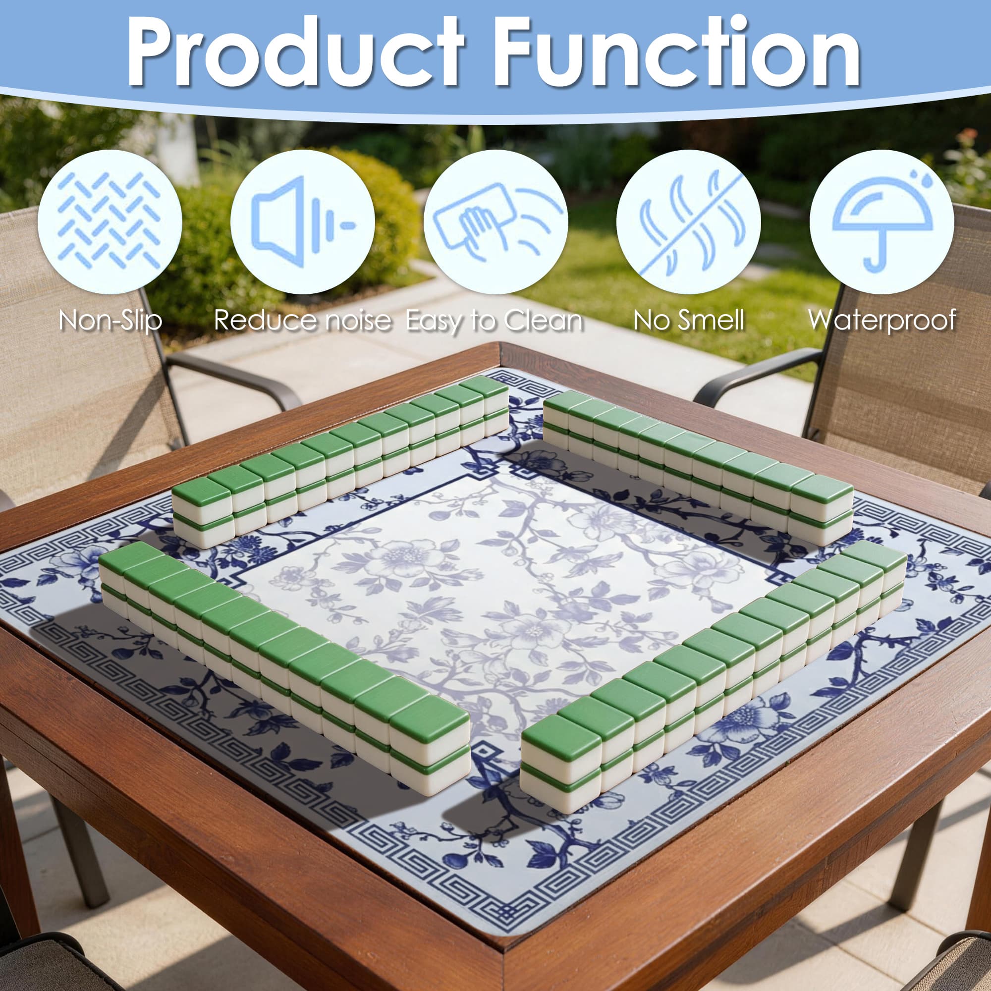 ReignSword Chinoiserie Flower Mahjong Mat with Carrying Bag, Anti-Slip and Noise-Reducing Mat for Table, Functional Gifts for Card Games, and Board Tile Games ( 31.5" x 31.5", Blue) - 5