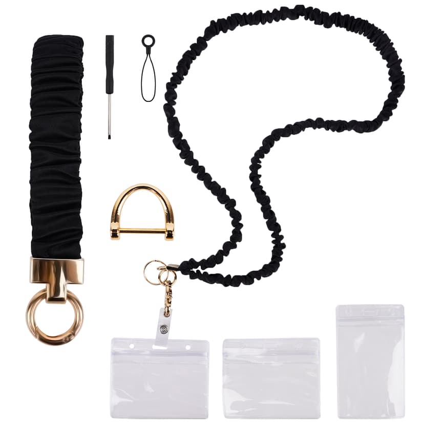 ReignSword Scrunchie Lanyard Keychain Wristlet Set, Stretchy Wrist and Neck Lanyard for ID Badges, Soft Women Accessories for Office (Black)