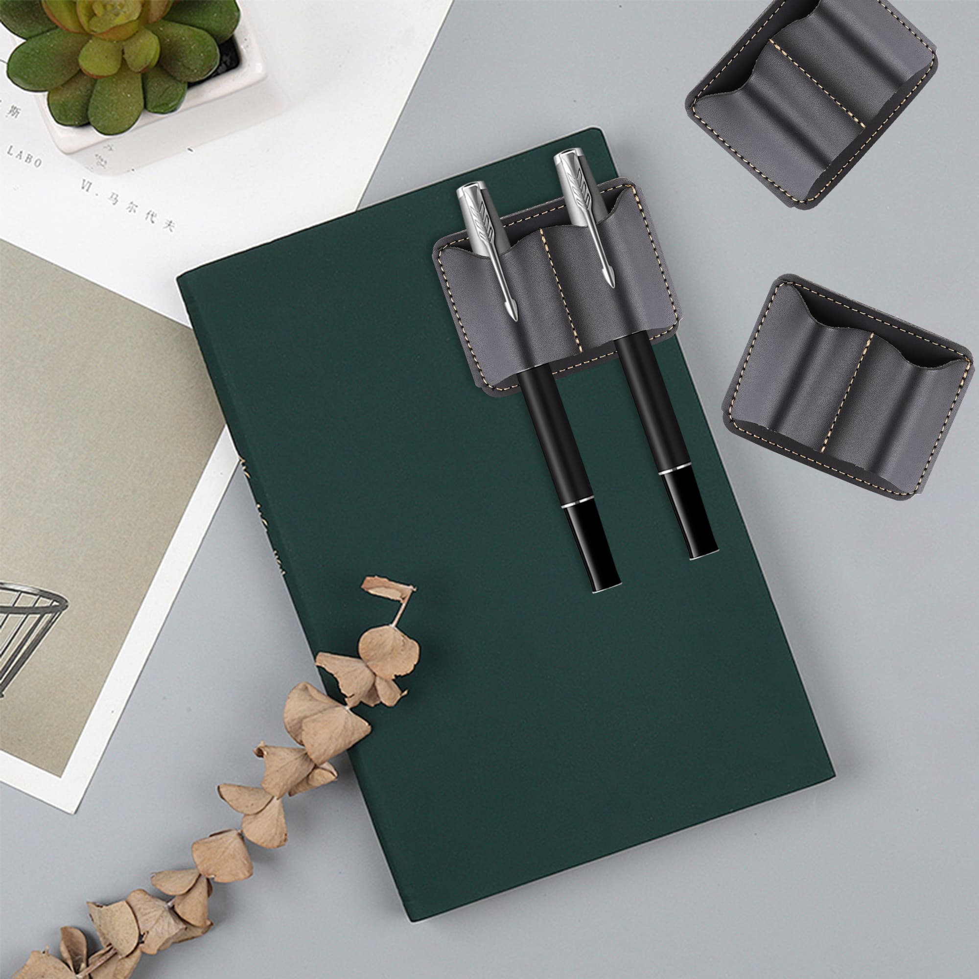 ReignSword Vegan Leather Pen Holder for Notebook, Pack of 4 Portable Pen Holder Organizers, Double Slot Pencil Pen Sleeve for Journal, Book, Clipboard - 3