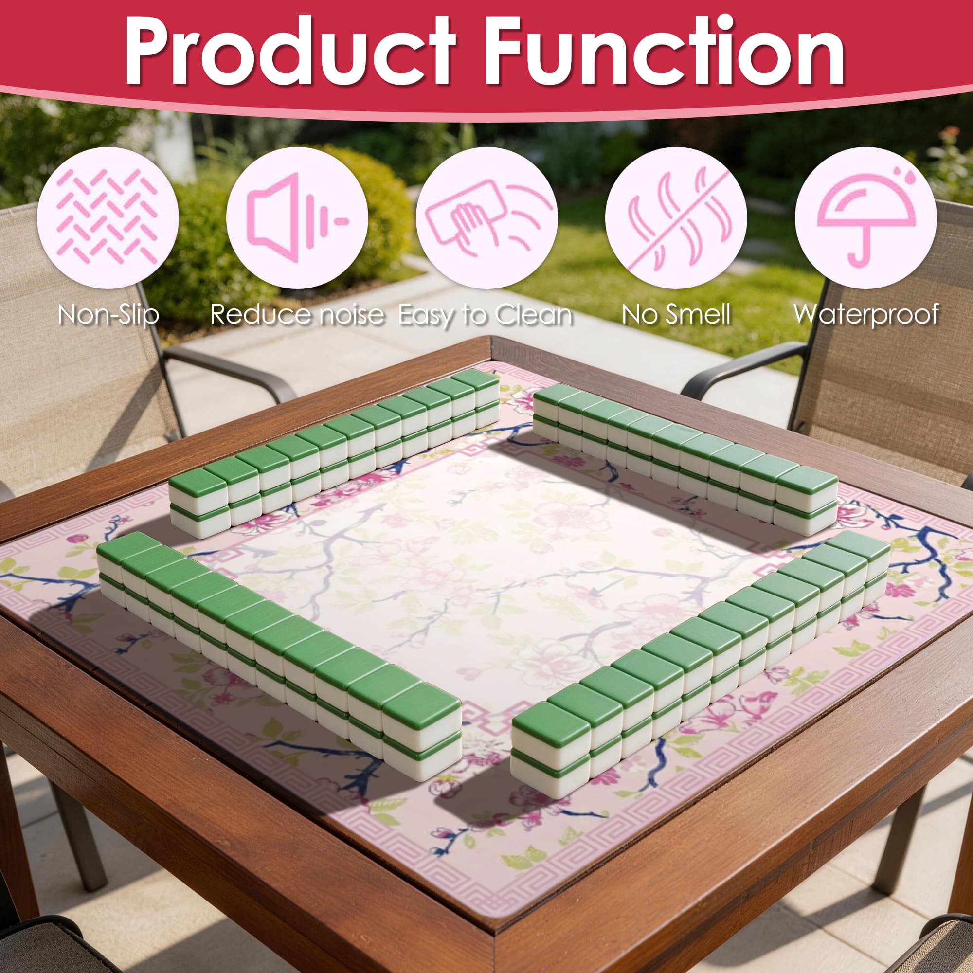 ReignSword Chinoiserie Flower Mahjong Mat with Carrying Bag, Anti-Slip and Noise-Reducing Mat for Table, Functional Gifts for Card Games, and Board Tile Games ( 31.5" x 31.5", Pink) - 5