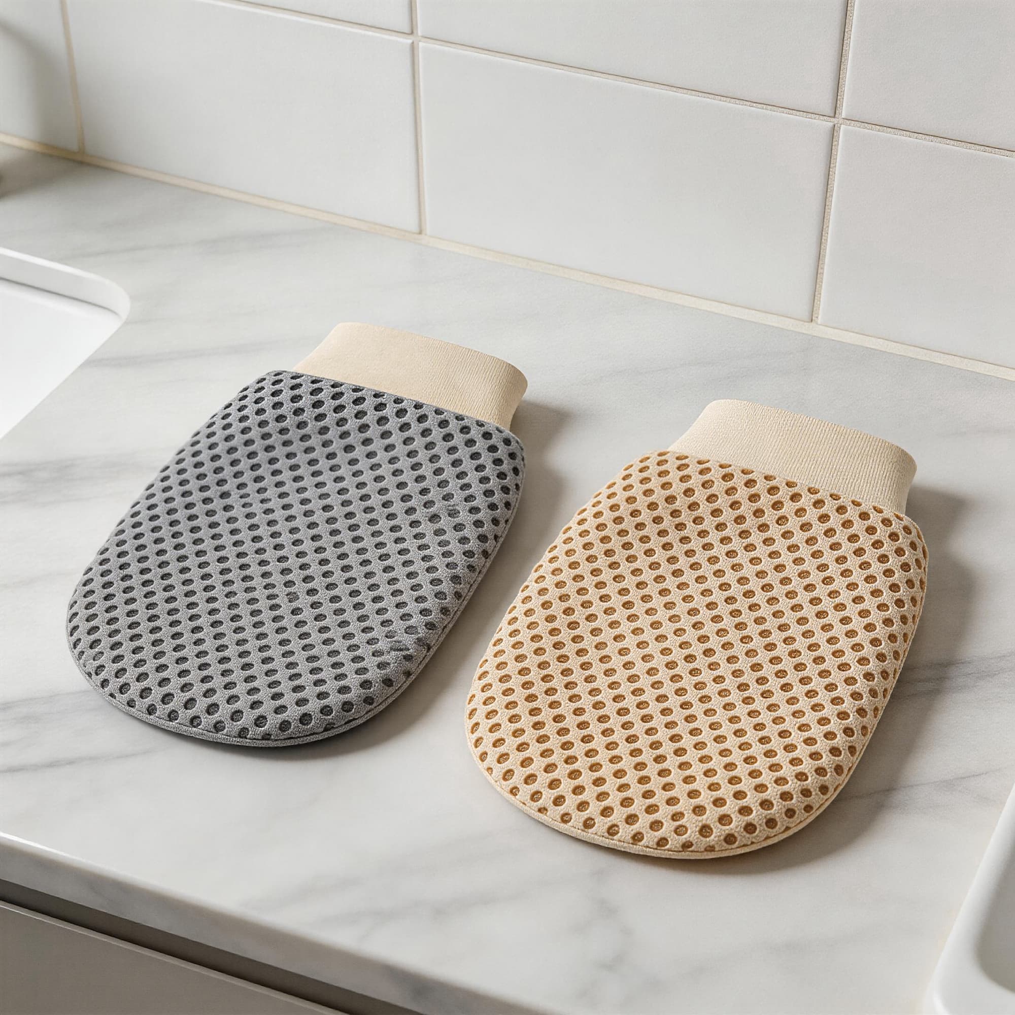 ReignSword 4 Pcs 3D Textured Mesh Soap Bag & Exfoliating Bath Glove Set, Soft Body Scrubber Clean Mitts for Women Men, Shower Bathing Accessories (Grey+Khaki) - 5