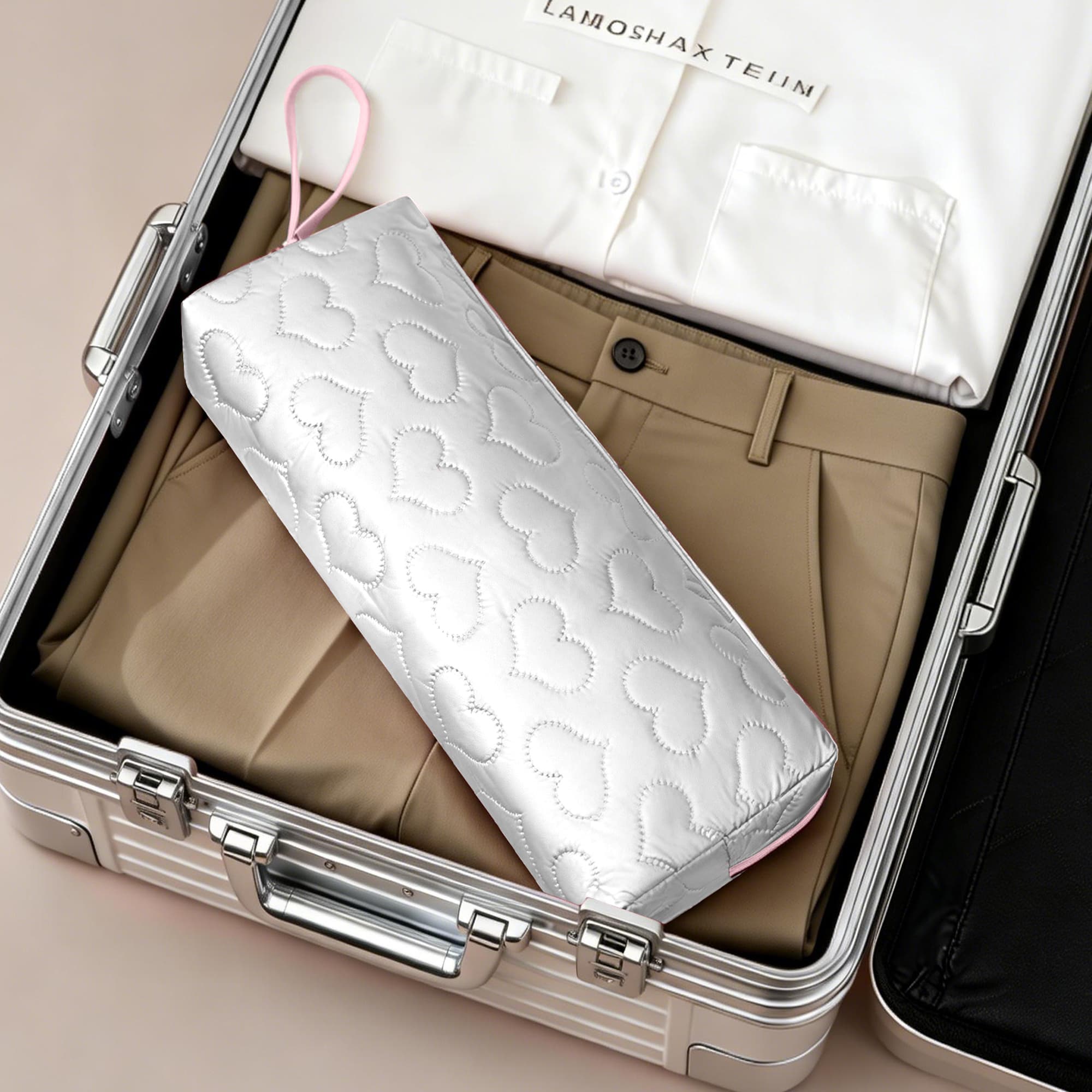 ReignSword Heat Resistant Hair Tools Travel Bag, Portable Storage Case Pouch with Heart Pattern for Curling Irons, Flat Irons, Hair Straighteners and Accessories (White) - 5