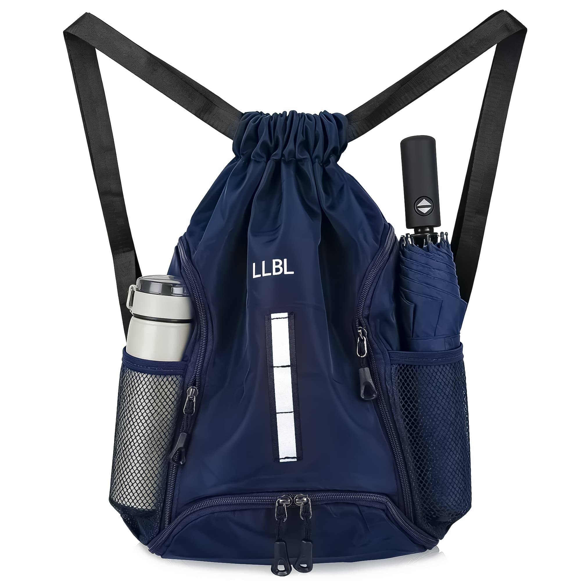 ReignSword Drawstring Gym Backpack with Shoe Compartment, Large Sports Cinch Bag Fits Basketball & Shoes, Waterproof Oxford Sack with Reflective Strip for Gym, Travel, Swimming (Dark Blue) - 2