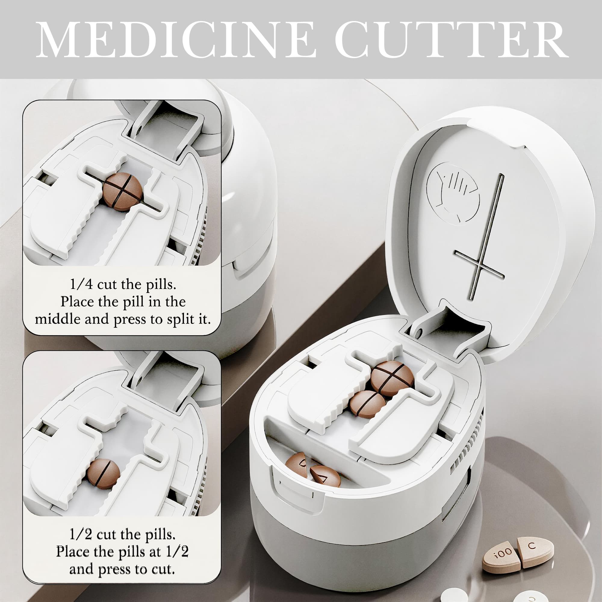 ReignSword 2-in-1 Pill Cutter with Medicine Box, 1/2 1/4 Adjustable Pill Crusher for Small, Large, and Tiny Pills, Travel Medicine Pills Splitter for Elderly & Pet (Grayish White) - 3