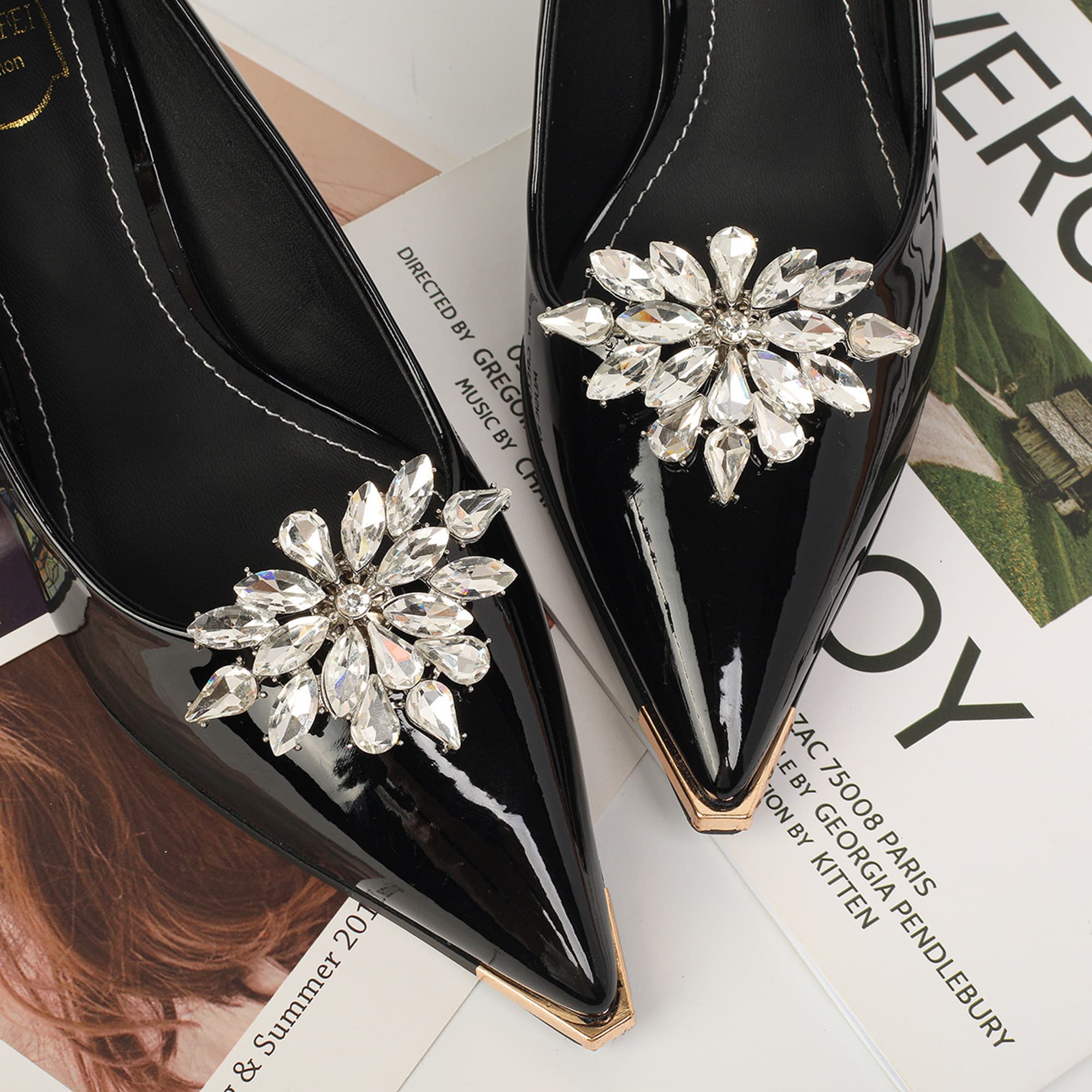 ReignSword 4 Pcs Rhinestone Shoe Clips, Detachable Pearl Bow Shoes Charms, Elegant Crystal Buckles for Women Dress Shoes, Shoe Decorative Accessories for Wedding Prom Party (Silver) - 4