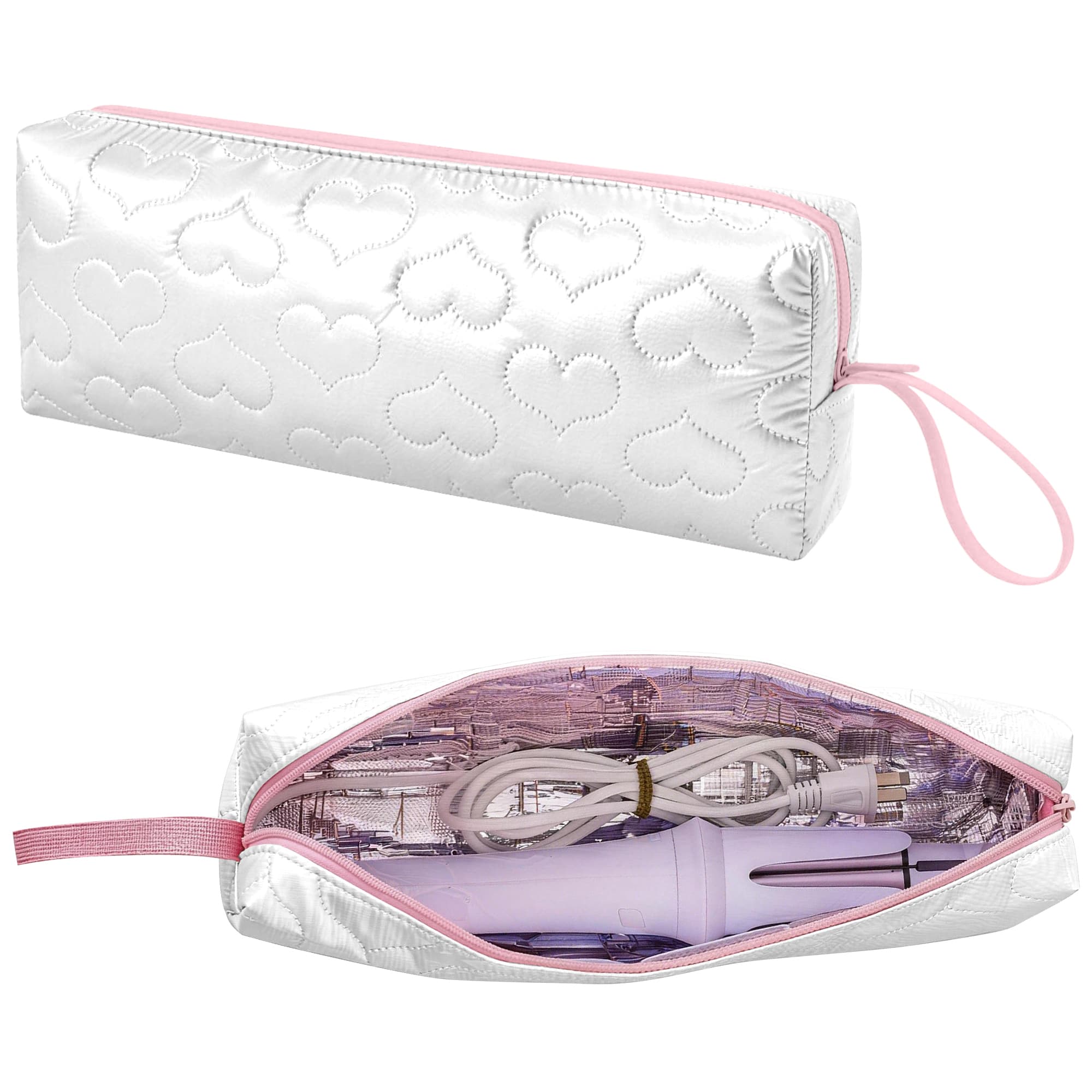 ReignSword Heat Resistant Hair Tools Travel Bag, Portable Storage Case Pouch with Heart Pattern for Curling Irons, Flat Irons, Hair Straighteners and Accessories (White) - 2