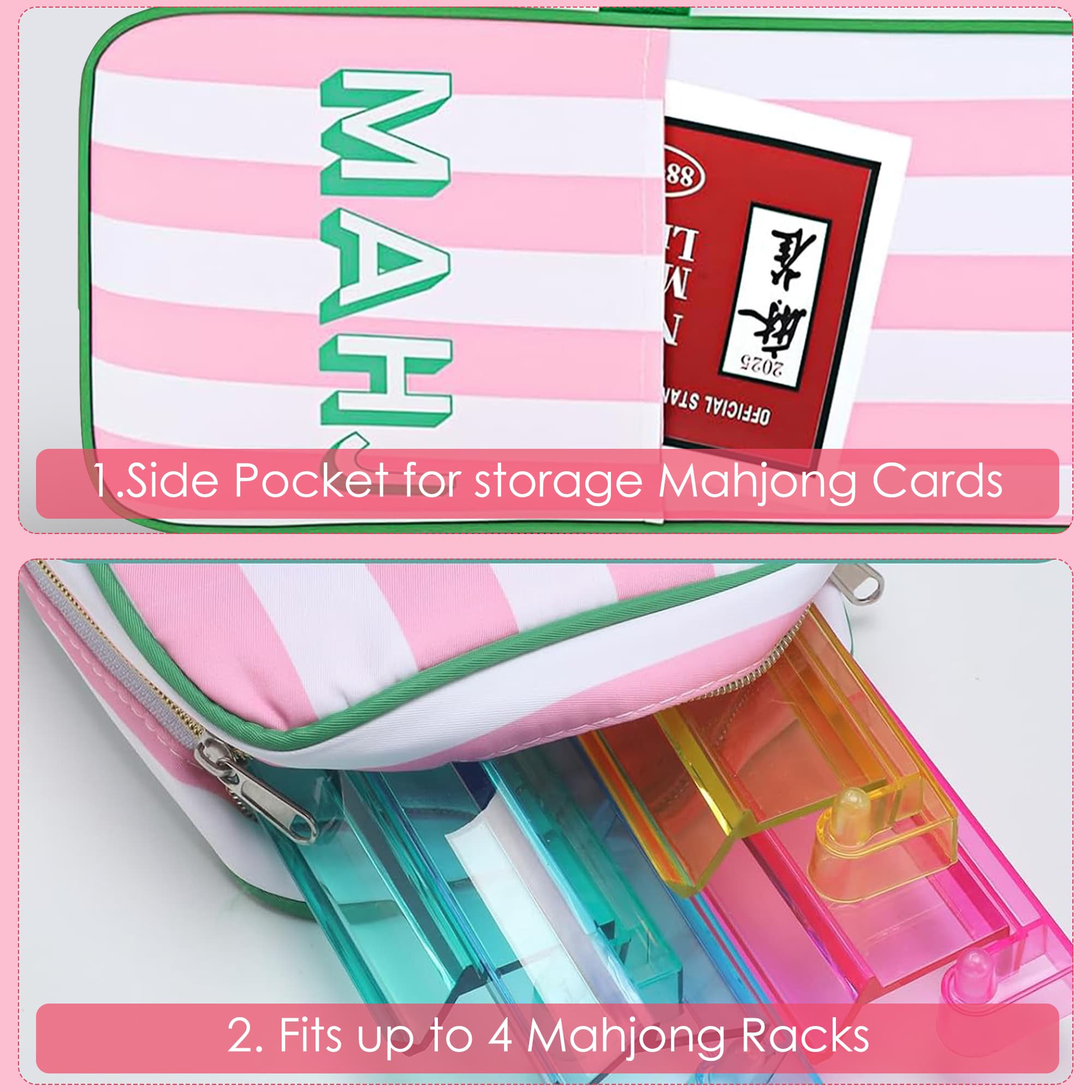 ReignSword Mahjong Rack Bags, Waterproof Carrying Tote Bag with Handle & Zipper for Tiles Pushers Racks, Mah Jong Games Accessories Gifts for Women (Pink Stripes, 21 x 6.5 Inch, Only Case) - 2