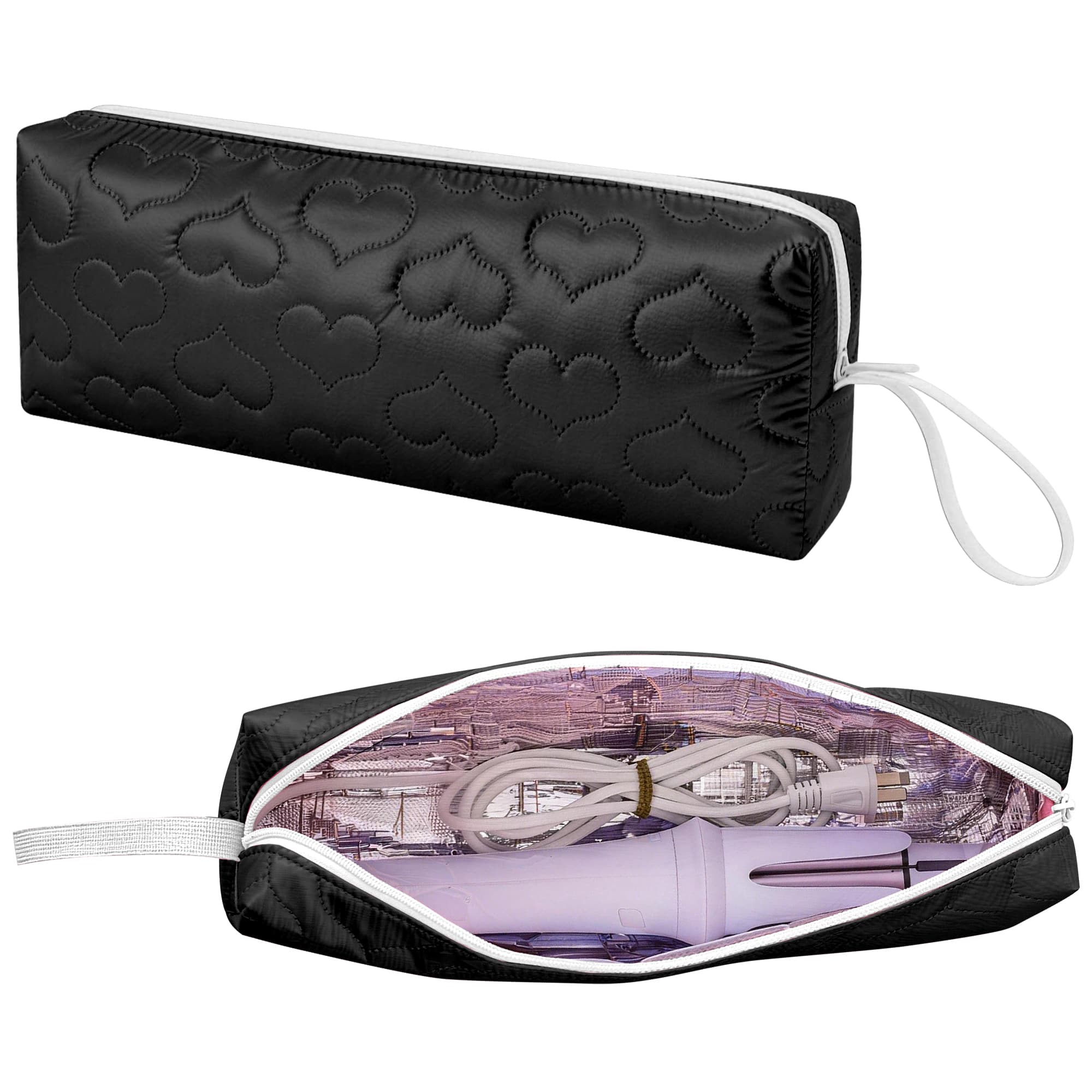 ReignSword Heat Resistant Hair Tools Travel Bag, Portable Storage Case Pouch with Heart Pattern for Curling Irons, Flat Irons, Hair Straighteners and Accessories (Black) - 2