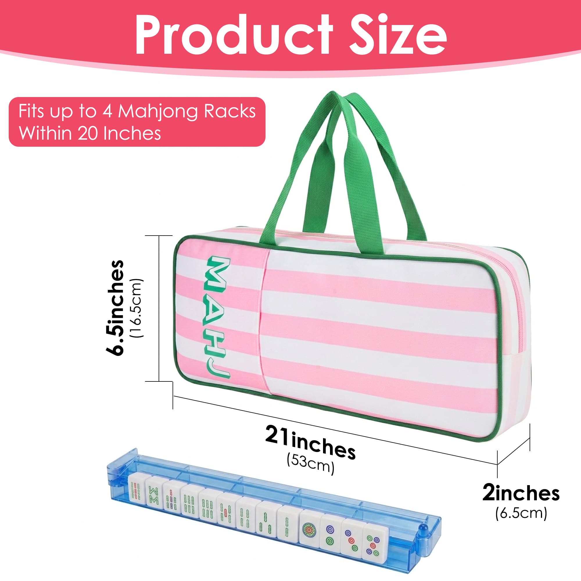 ReignSword Mahjong Rack Bags, Waterproof Carrying Tote Bag with Handle & Zipper for Tiles Pushers Racks, Mah Jong Games Accessories Gifts for Women (Pink Stripes, 21 x 6.5 Inch, Only Case) - 1
