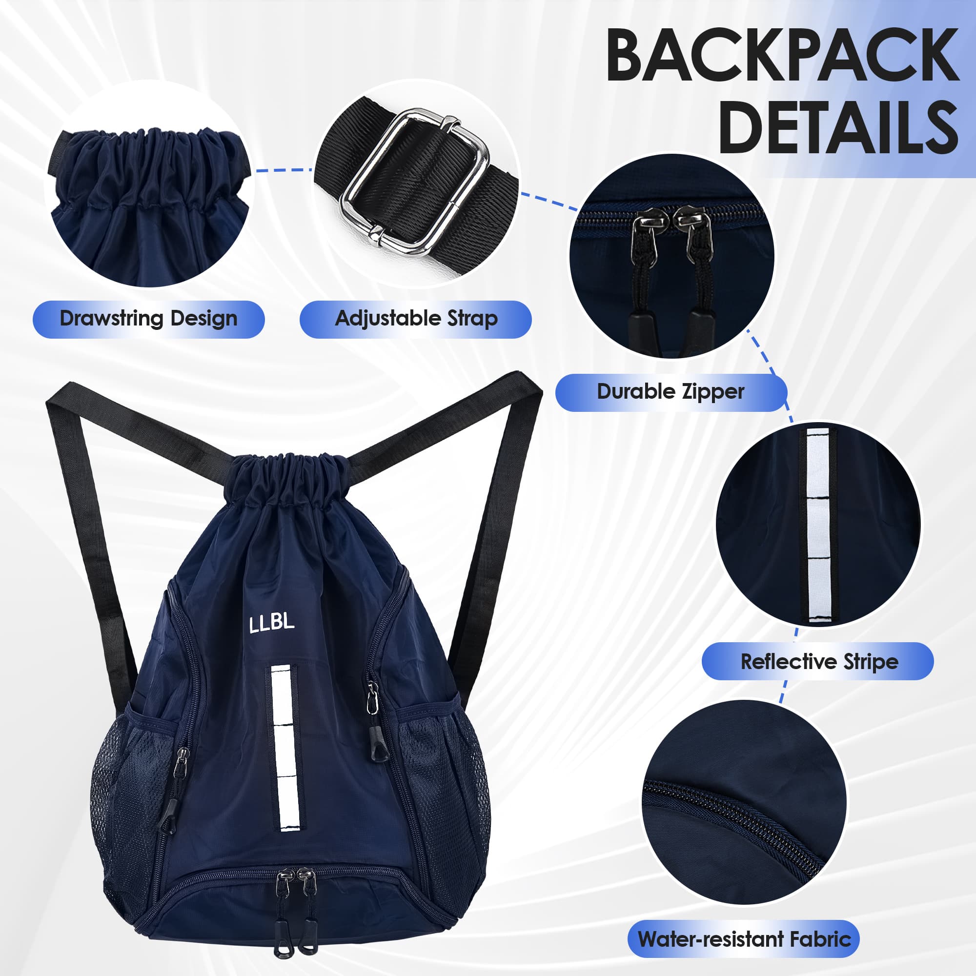 ReignSword Drawstring Gym Backpack with Shoe Compartment, Large Sports Cinch Bag Fits Basketball & Shoes, Waterproof Oxford Sack with Reflective Strip for Gym, Travel, Swimming (Dark Blue) - 5