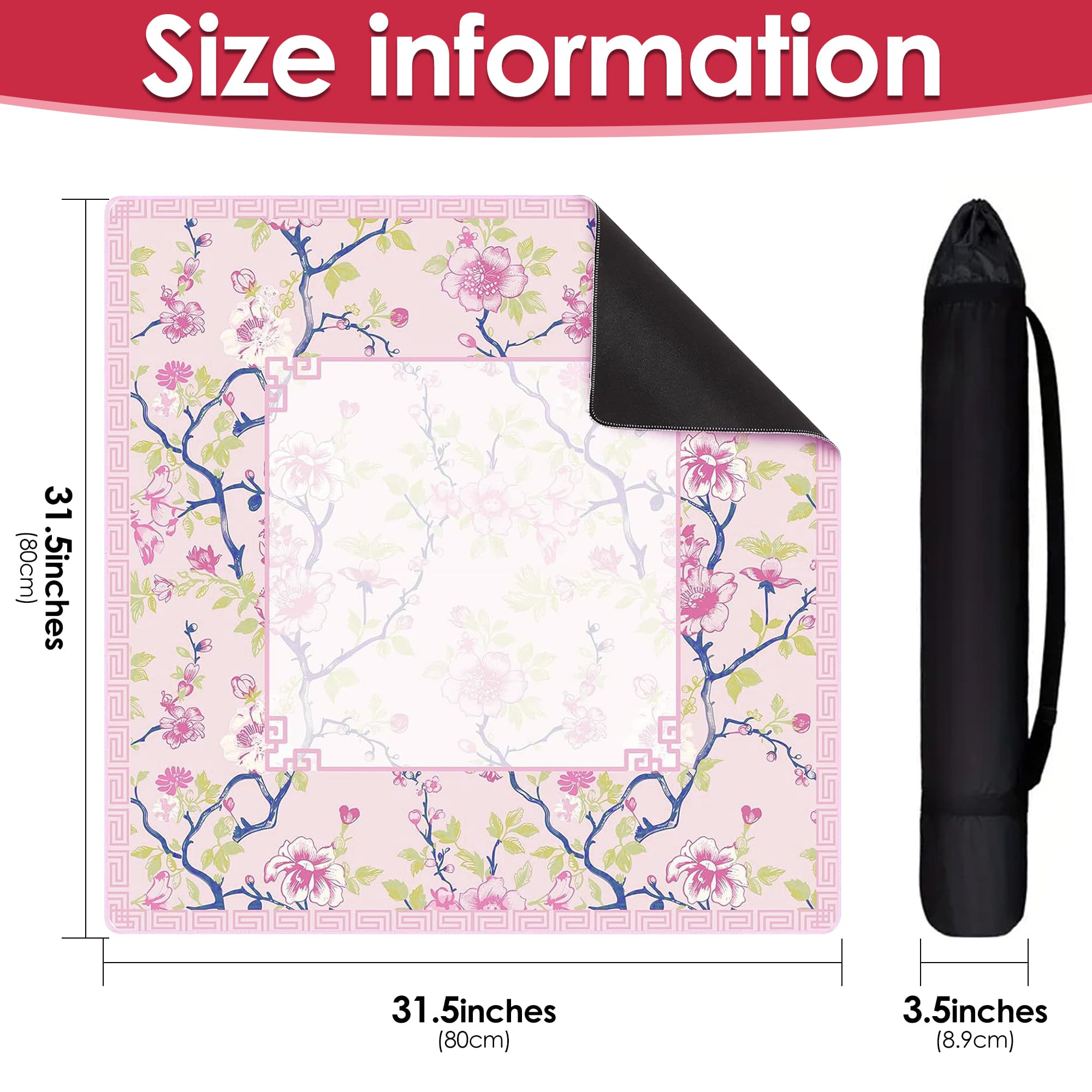 ReignSword Chinoiserie Flower Mahjong Mat with Carrying Bag, Anti-Slip and Noise-Reducing Mat for Table, Functional Gifts for Card Games, and Board Tile Games ( 31.5" x 31.5", Pink) - 4
