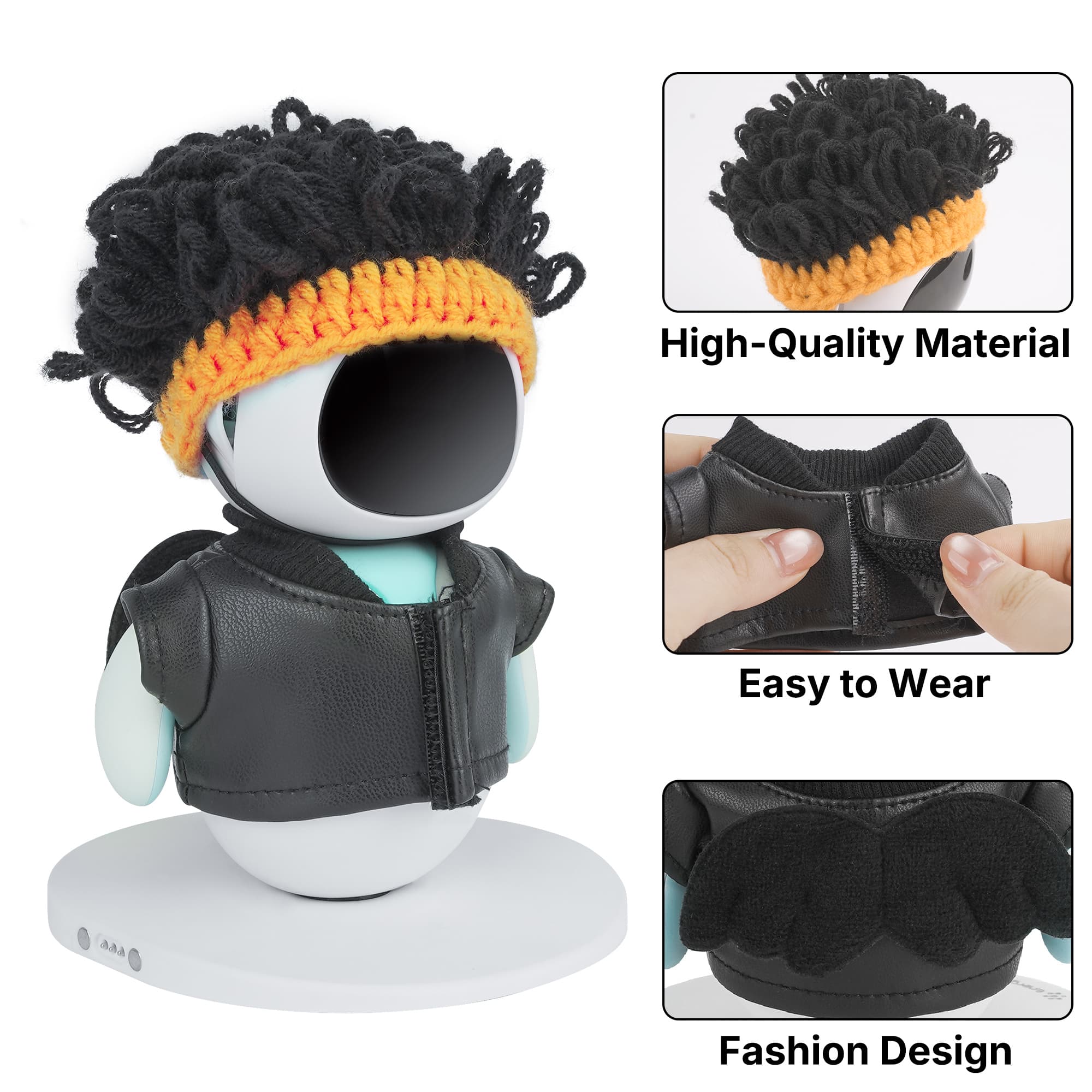 ReignSword Street Punk Outfit, Compatible with Eilik Robot, Cool Black Jacket and Wig Accessory Set, Stylish Mini Robot Dress-up Outfit - 2