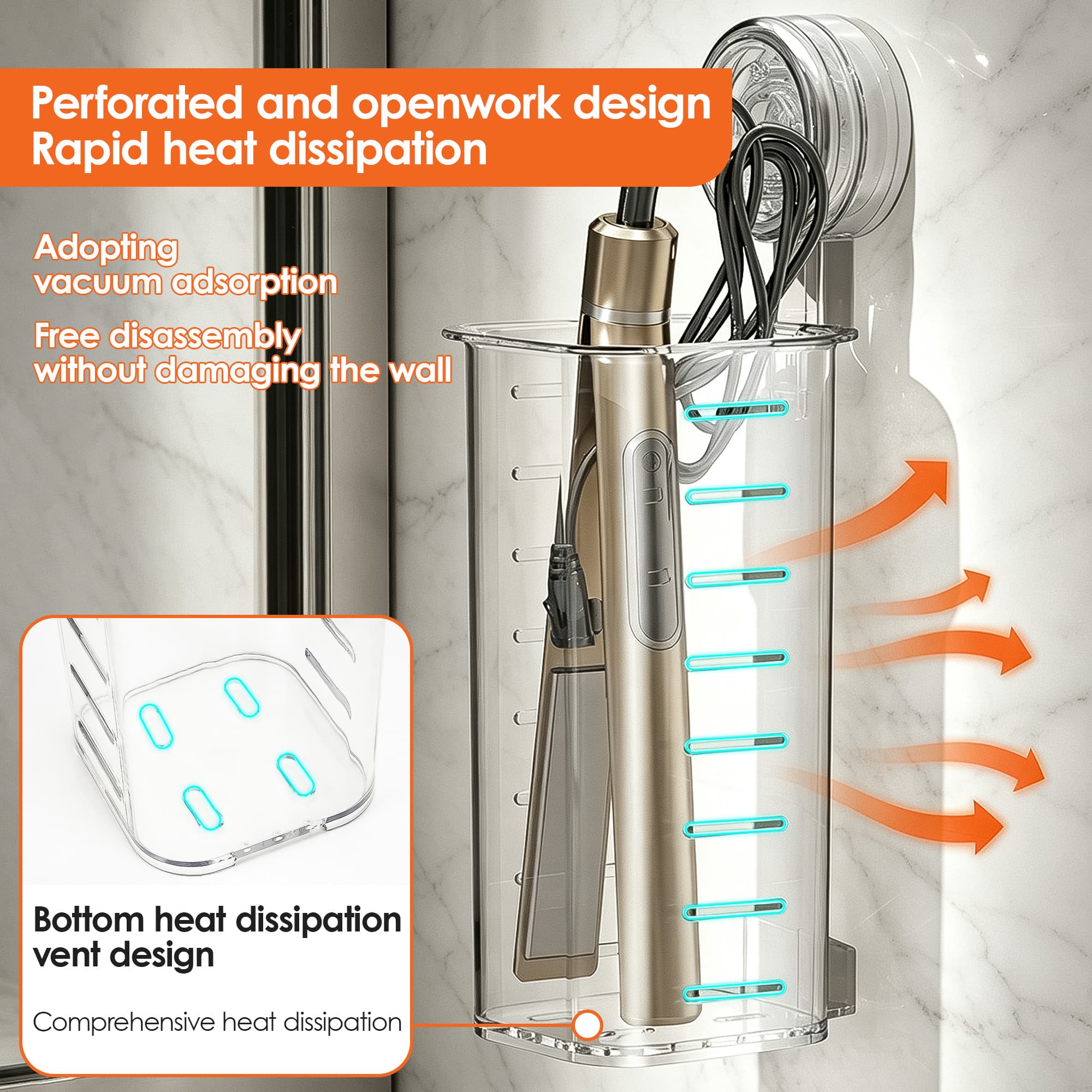 ReignSword Wall Mounted Curling Iron Holder, No Drill Hot Tool Organizer with Suction Cup, Bathroom Hair Straightener Flat Iron Hair Styling Appliance Storage Rack (Clear) - 3