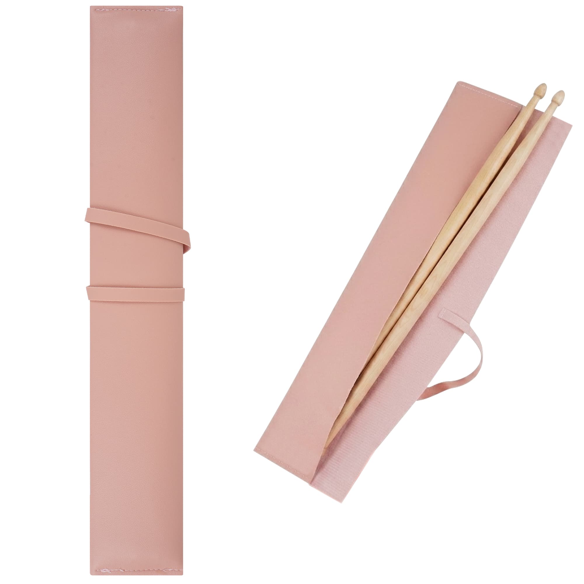 ReignSword Drum Stick Bag, Vegan Leather Drumstick Storage Holder with Fixing Strap, Portable Drumstick Organizer Sleeve for Drum Accessories, Pink, 17 x 2.8 Inches - 1