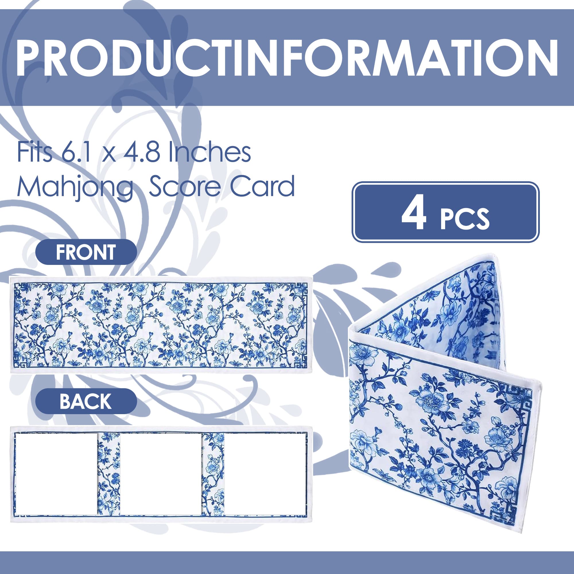 ReignSword 4 Pack Chinoiserie Mahjong Card Sleeve, Soft-printed Fabric Mahjong Card Holder, Scorecard Protector Holder Cover Gifts (Blue) - 3