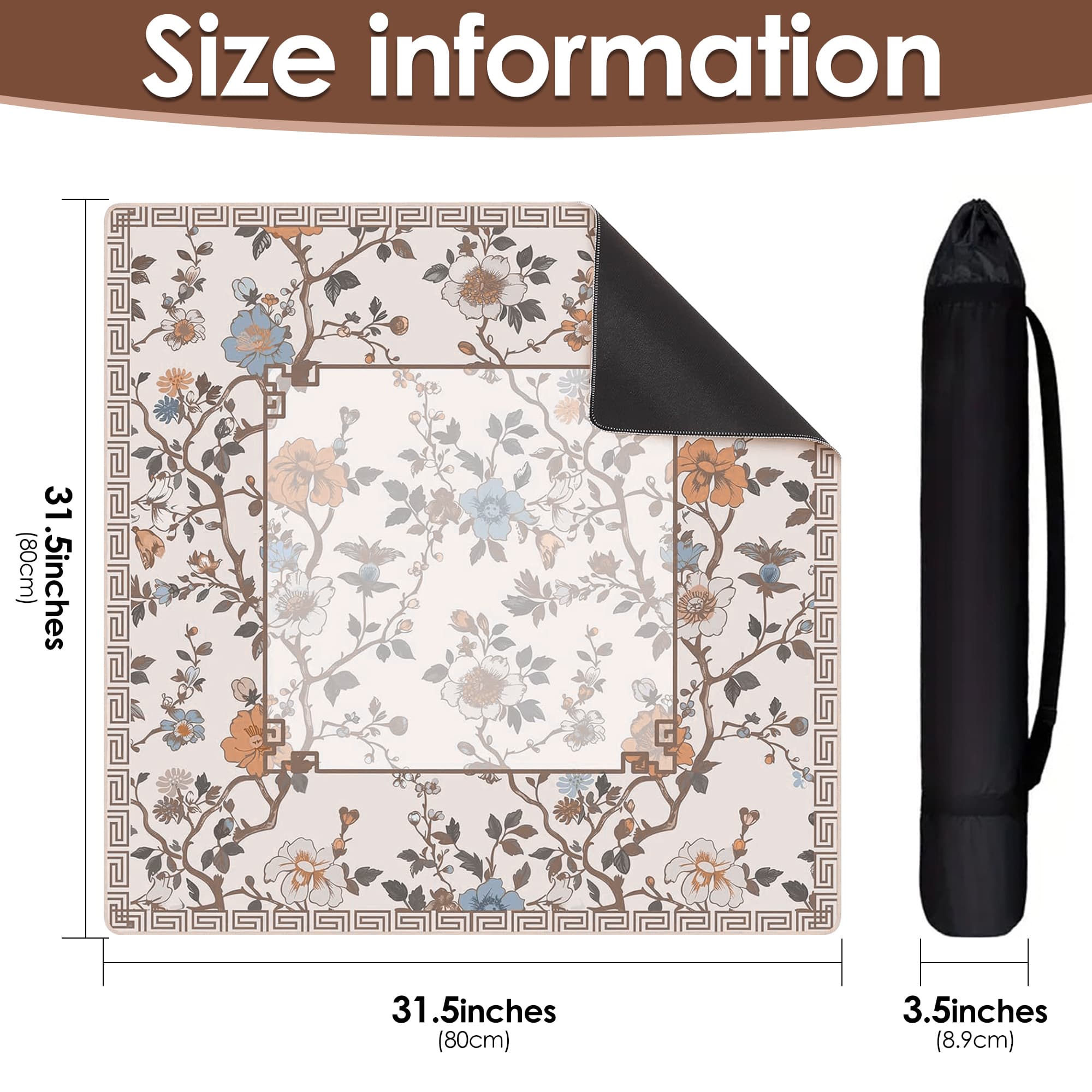 ReignSword Chinoiserie Flower Mahjong Mat with Carrying Bag, Anti-Slip and Noise-Reducing Mat for Table, Functional Gifts for Card Games, and Board Tile Games ( 31.5" x 31.5", Beige) - 4