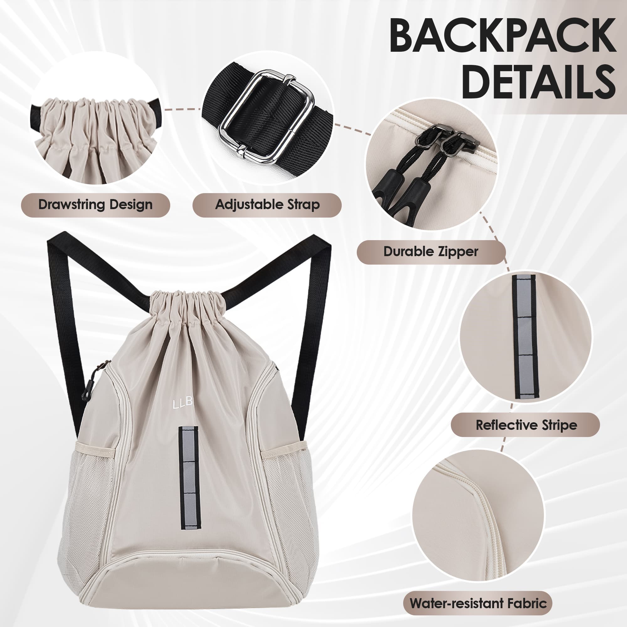 ReignSword Drawstring Gym Backpack with Shoe Compartment, Large Sports Cinch Bag Fits Basketball & Shoes, Waterproof Oxford Sack with Reflective Strip for Gym, Travel, Swimming (Off White) - 5