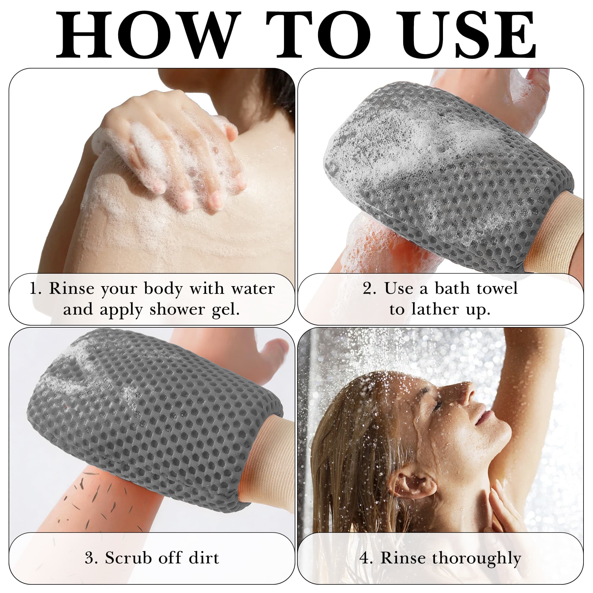 ReignSword 4 Pcs 3D Textured Mesh Soap Bag & Exfoliating Bath Glove Set, Soft Body Scrubber Clean Mitts for Women Men, Shower Bathing Accessories (Grey+Khaki) - 3