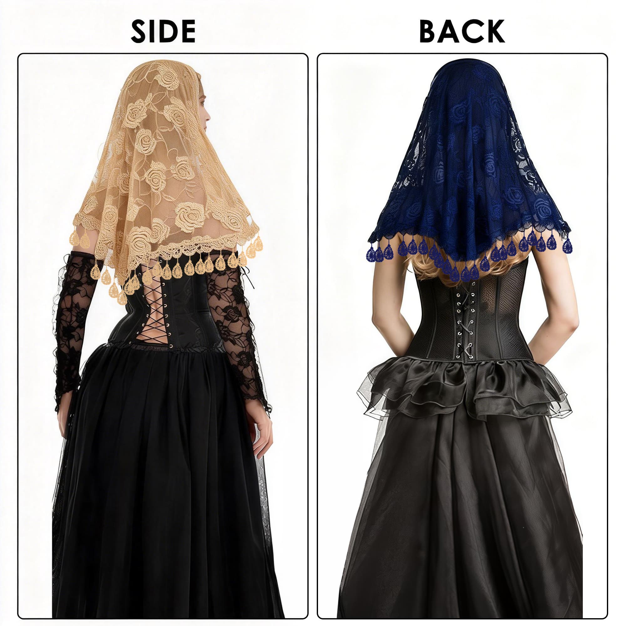 ReignSword 2 Pcs Triangle Lace Mantilla Veil Tulle Scarf, Lace Head Coverings for Women, Veils For Church Catholic (Khaki and Tibetan Blue) - 2