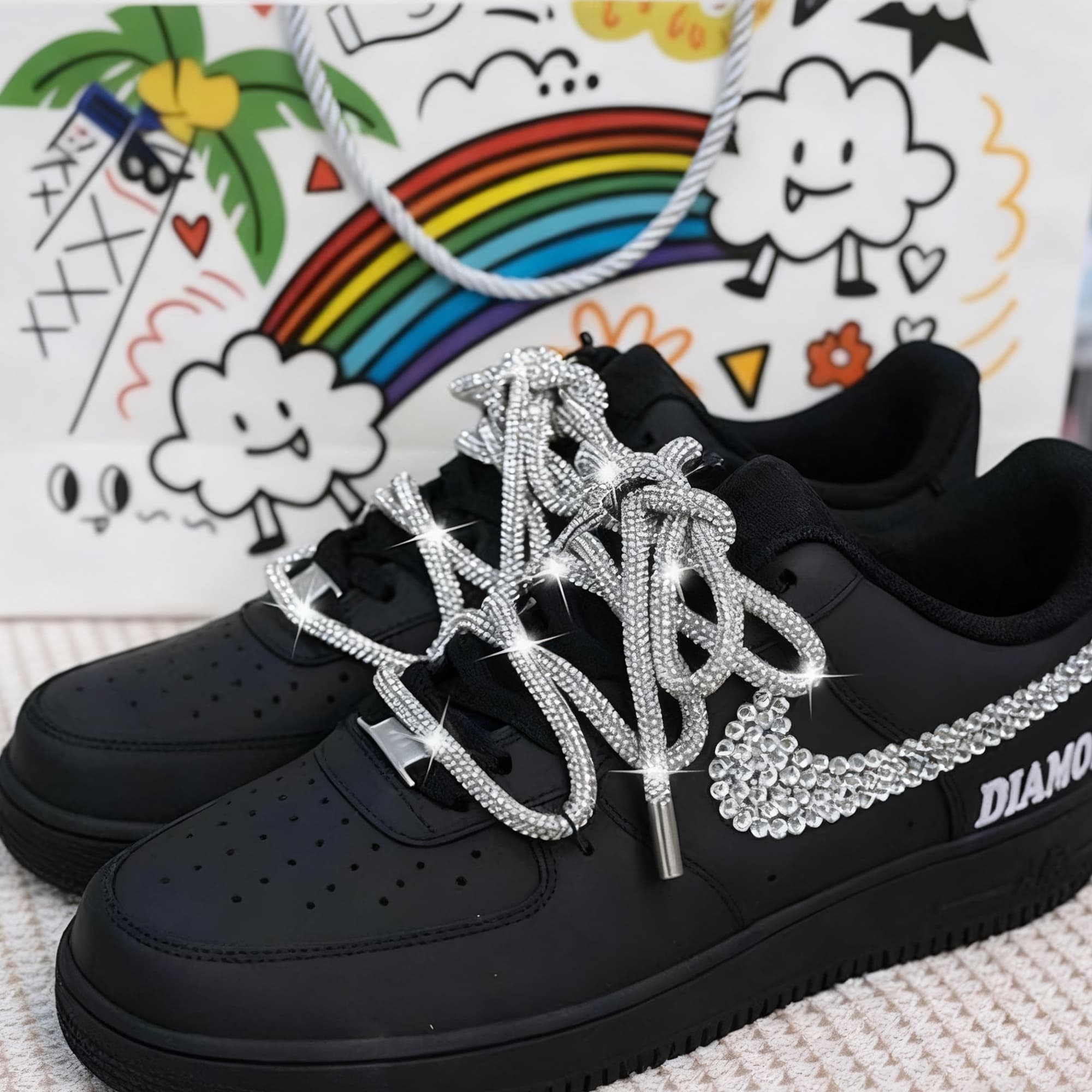 ReignSword 4Pcs Rhinestone Shoe Laces, 47in Round Crystal Glitter Rope, Bling Replacement ShoeLaces for Sneakers/Boots/Sweatpants (White, Black) - 4