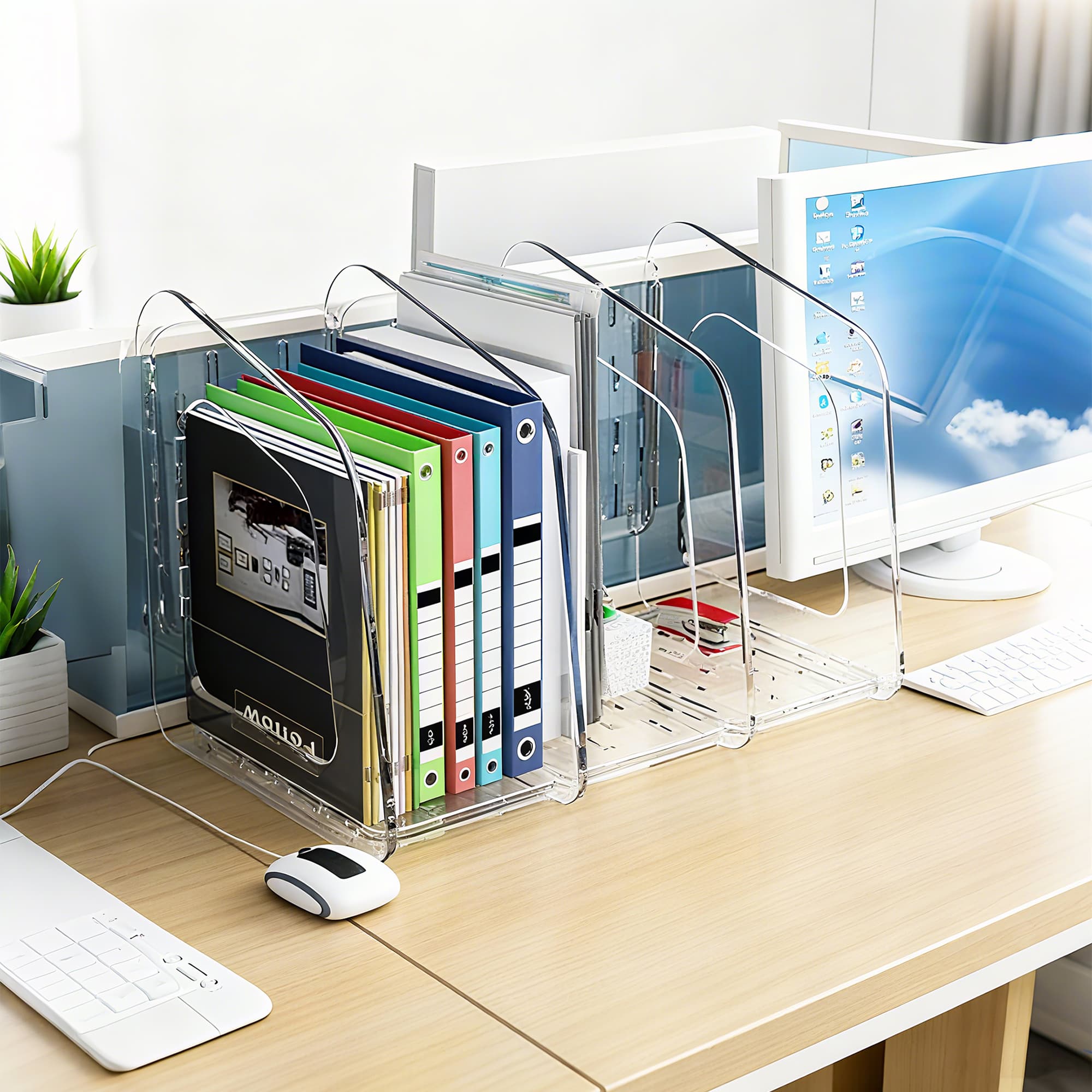 ReignSword Clear Desk File Organizer, Detachable Desktop File Sorter with 3 Vertical Sections for Document Magazine Letter Binder, Plastic Files Holder Rack for Home, Office - 3