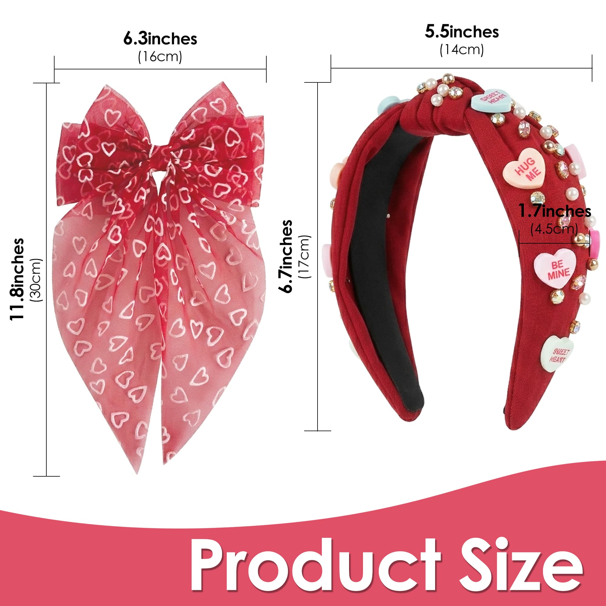 ReignSword Valentine's Day Hair Accessories Set for Women Girls, Crystal Knotted Headband with Long Tail Mesh Bow Hair Clip, Red Fashion Party Wedding Birthday Gifts - 1