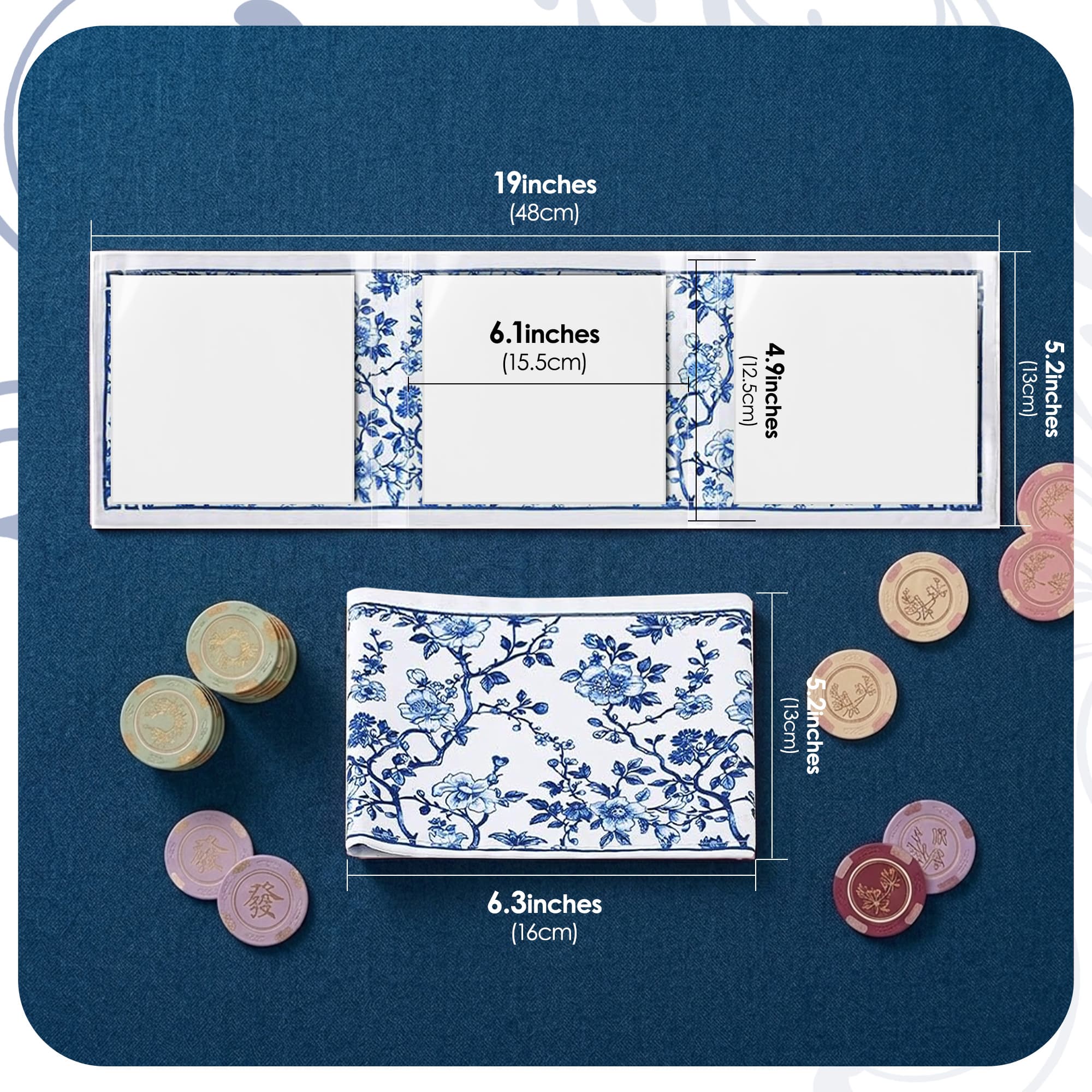 ReignSword 4 Pack Chinoiserie Mahjong Card Sleeve, Soft-printed Fabric Mahjong Card Holder, Scorecard Protector Holder Cover Gifts (Blue) - 5
