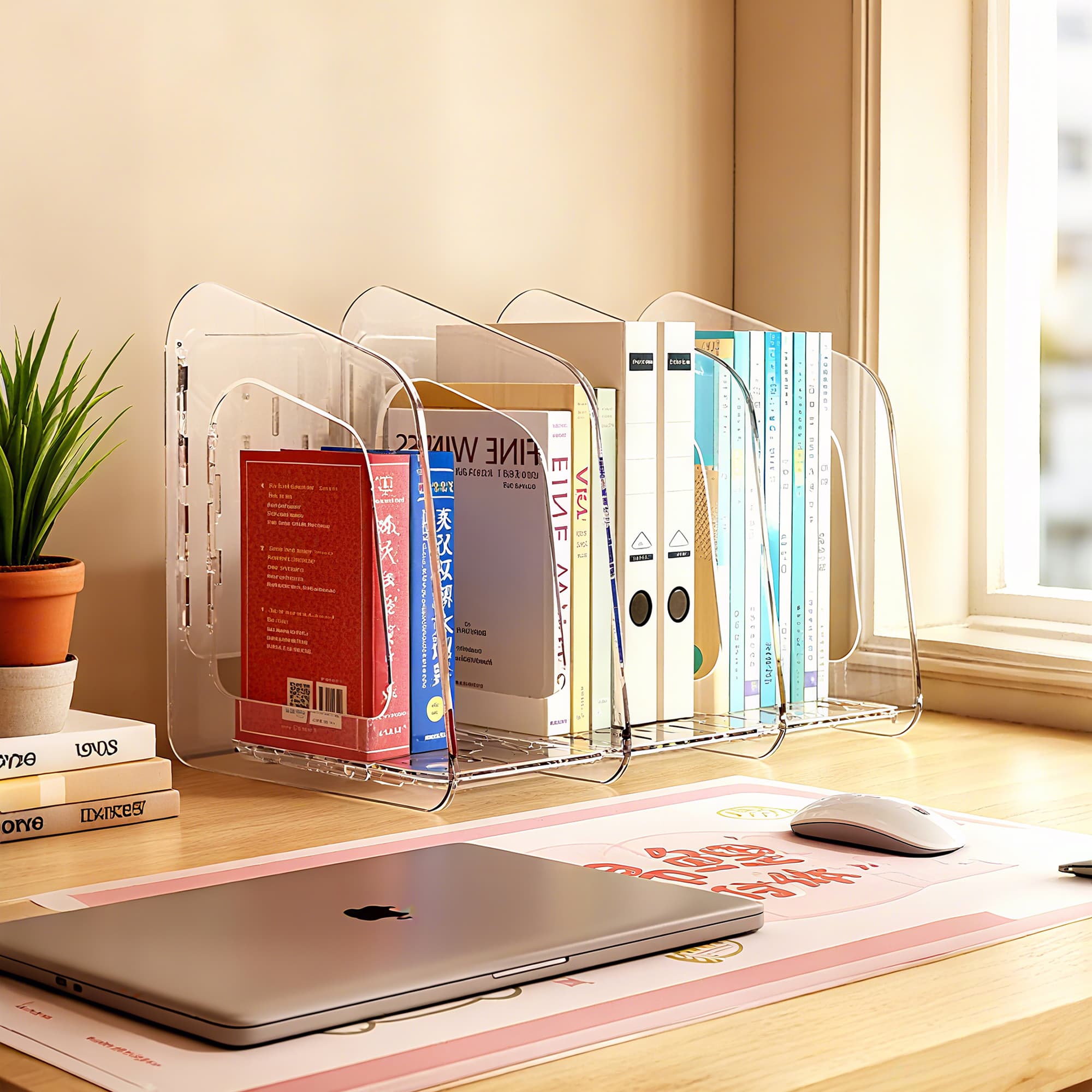 ReignSword Clear Desk File Organizer, Detachable Desktop File Sorter with 3 Vertical Sections for Document Magazine Letter Binder, Plastic Files Holder Rack for Home, Office - 4