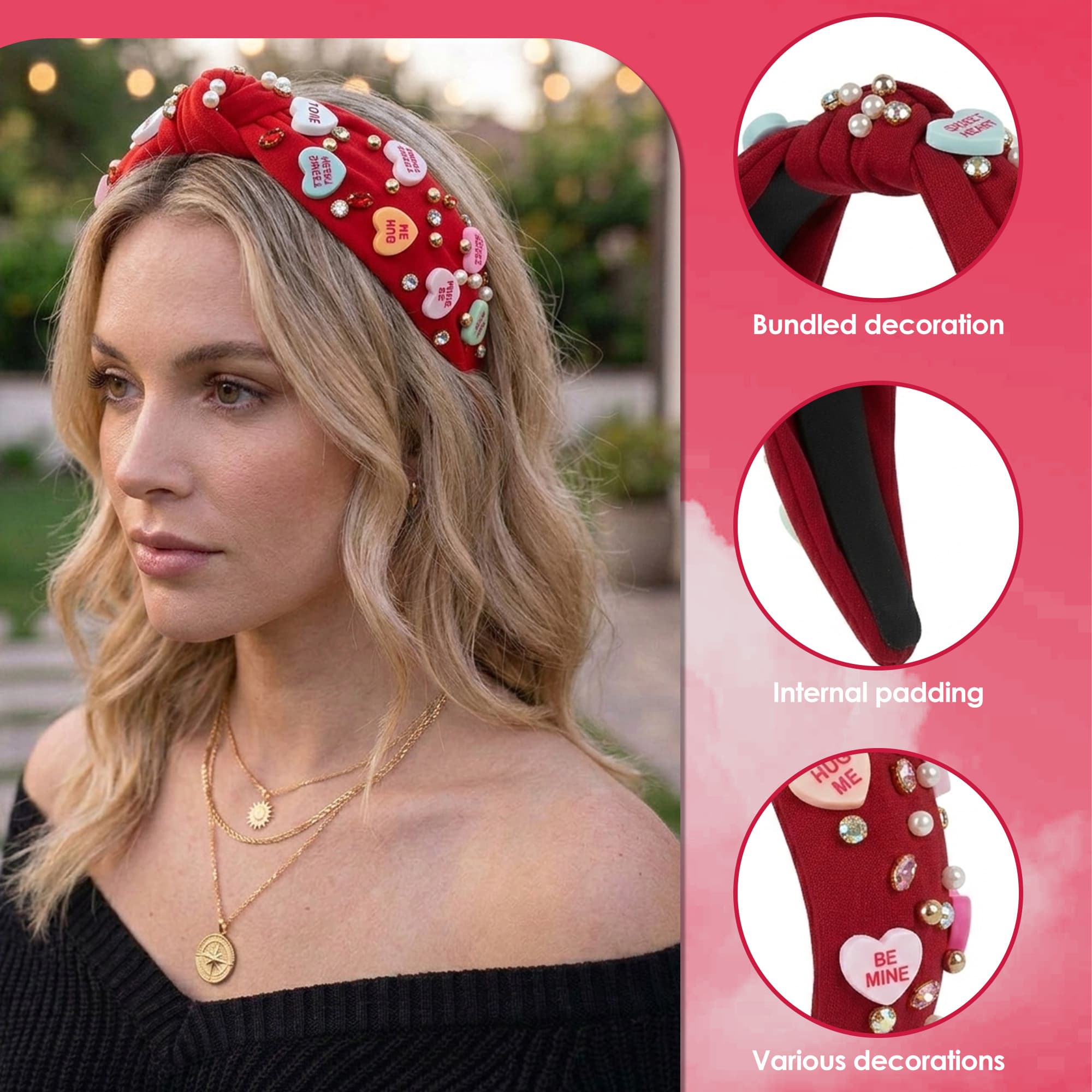 ReignSword Valentine's Day Hair Accessories Set for Women Girls, Crystal Knotted Headband with Long Tail Mesh Bow Hair Clip, Red Fashion Party Wedding Birthday Gifts - 3